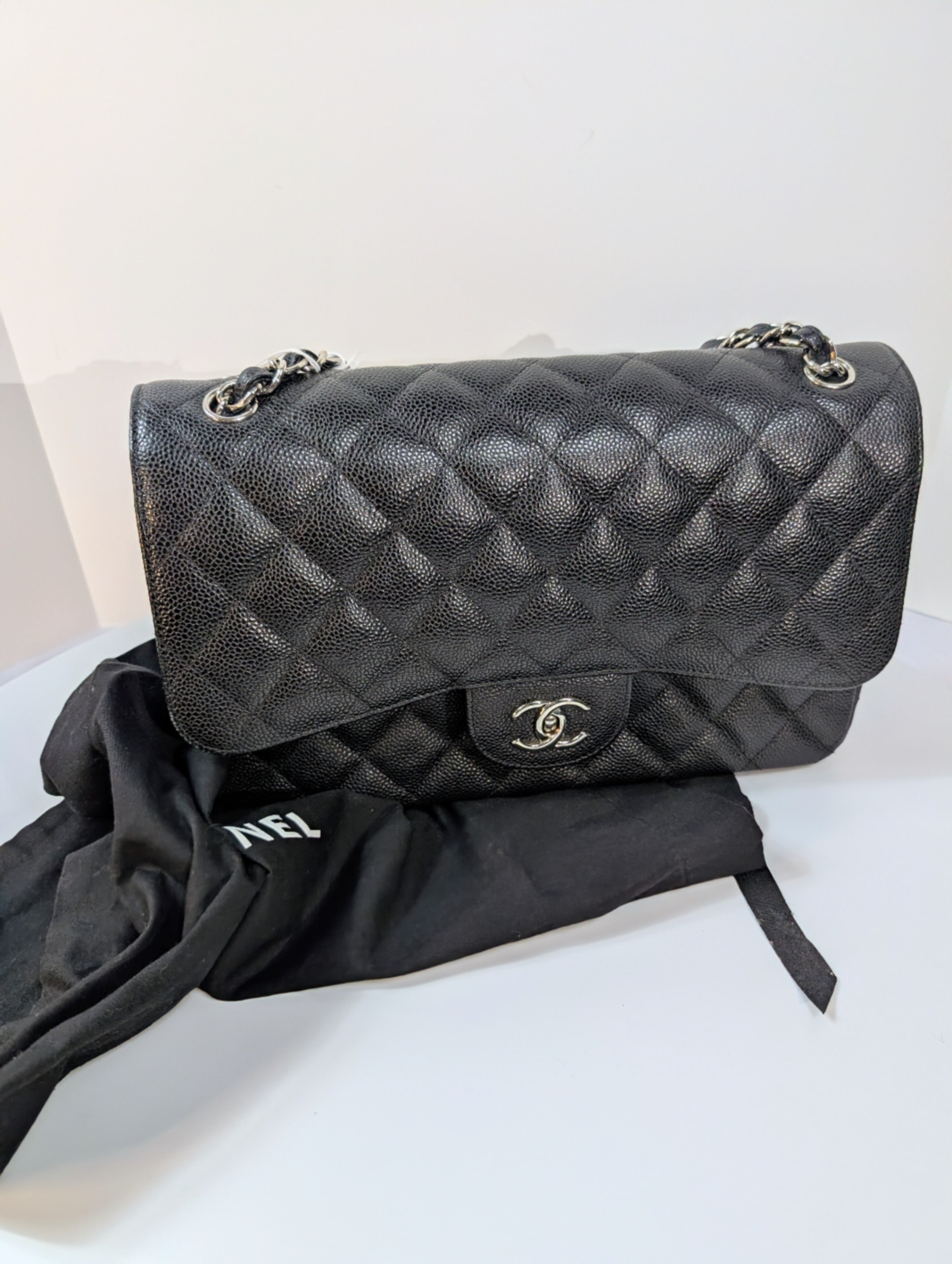 Chanel Black Caviar Classic Jumbo Double Flap Shoulder Bag