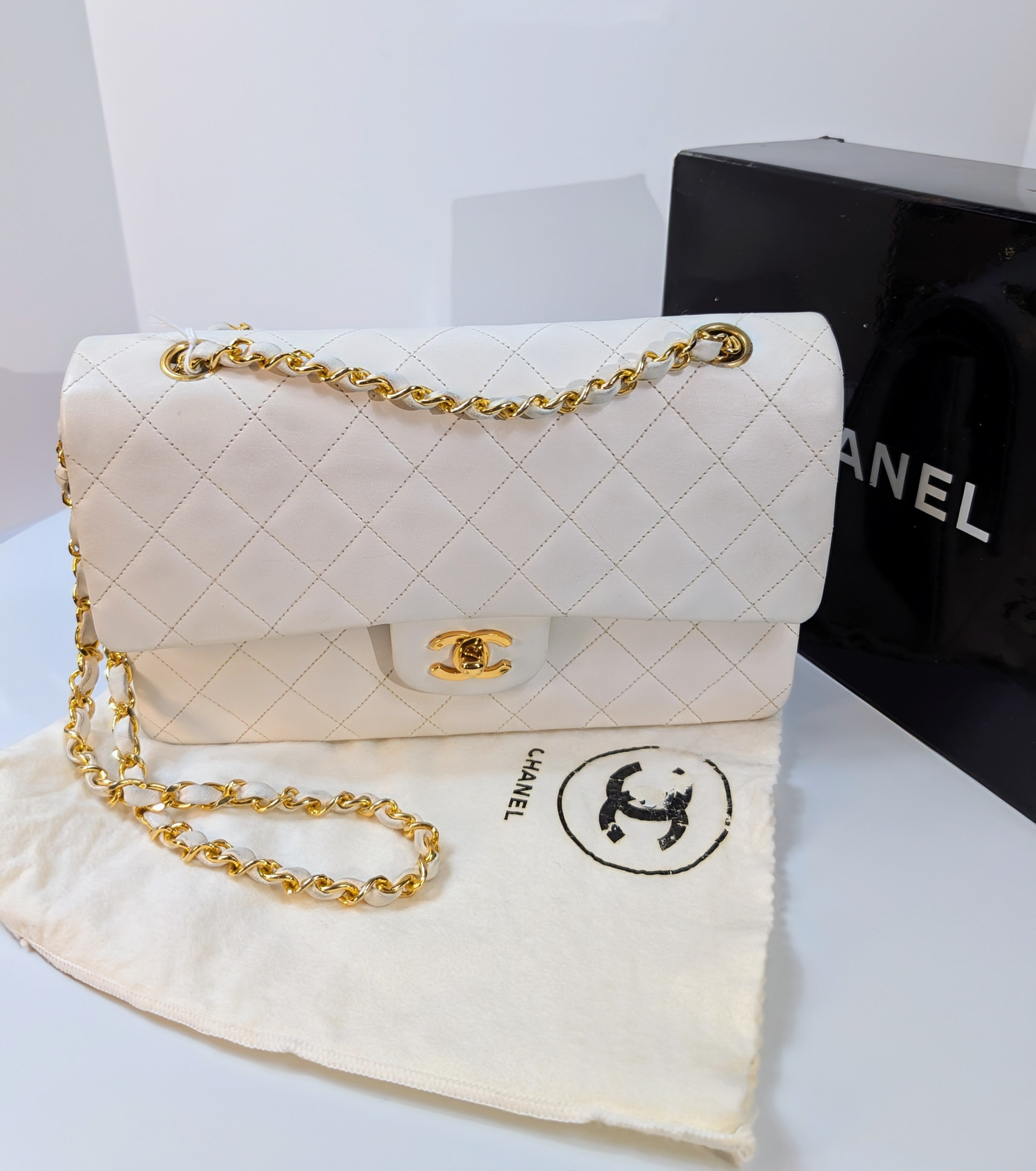 Chanel Rare Vintage White Medium Quilted Lambskin Classic Double Flap Bag with 24k Gold Hardware Series 1 (1989-1991)