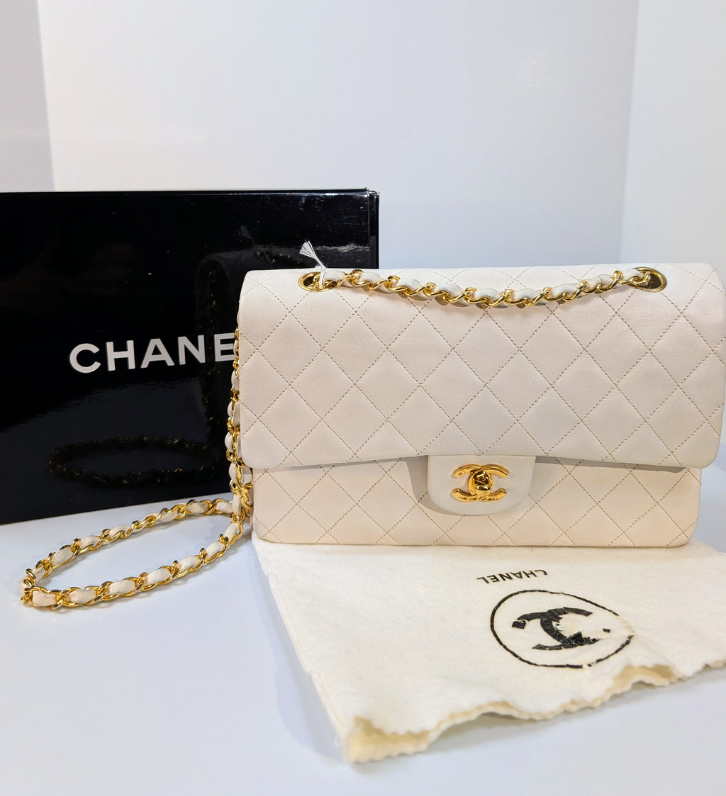 Chanel Rare Vintage White Medium Quilted Lambskin Classic Double Flap Bag with 24k Gold Hardware Series 1 (1989-1991)