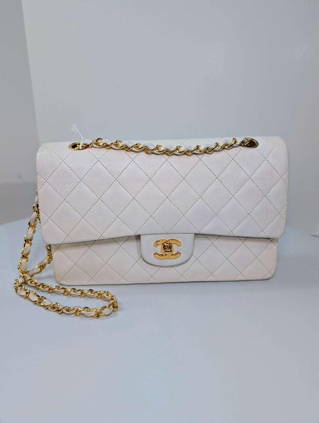 Chanel Rare Vintage White Medium Quilted Lambskin Classic Double Flap Bag with 24k Gold Hardware Series 1 (1989-1991)