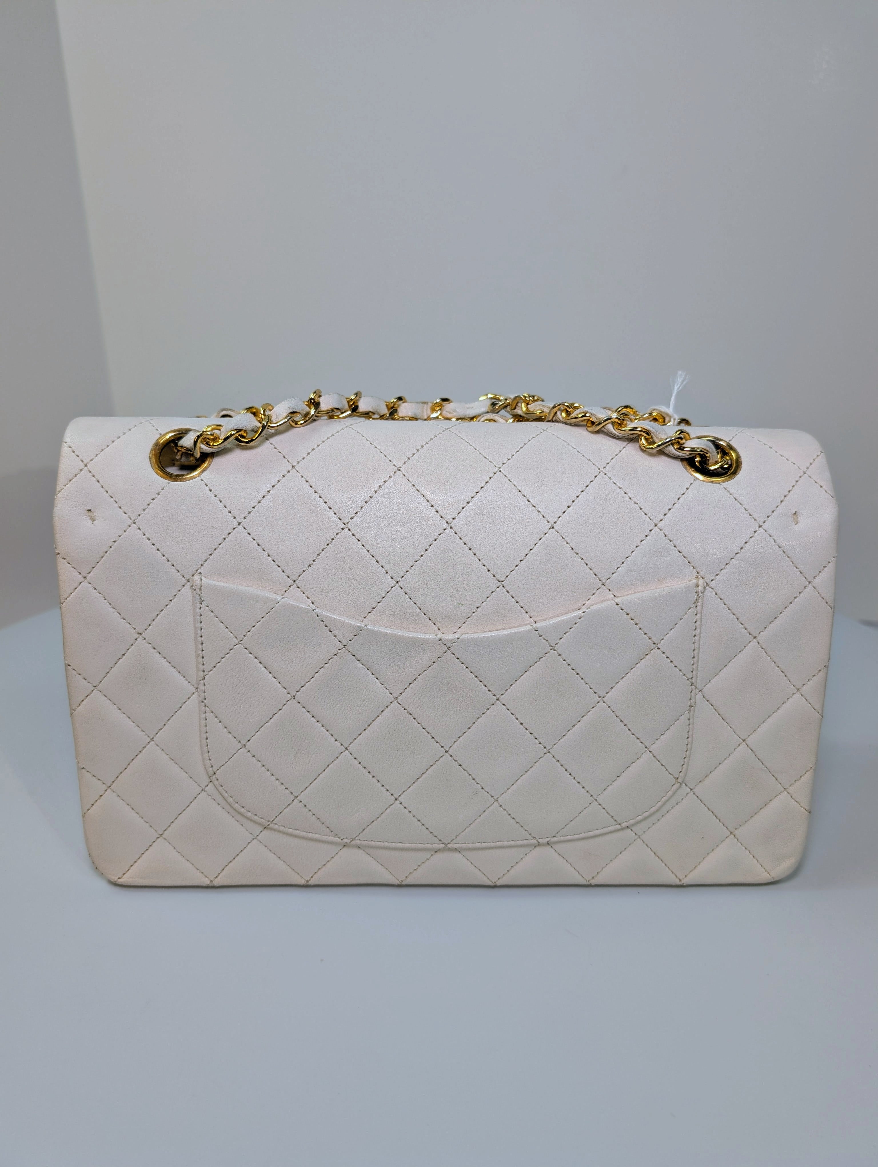 Chanel Rare Vintage White Medium Quilted Lambskin Classic Double Flap Bag with 24k Gold Hardware Series 1 (1989-1991)