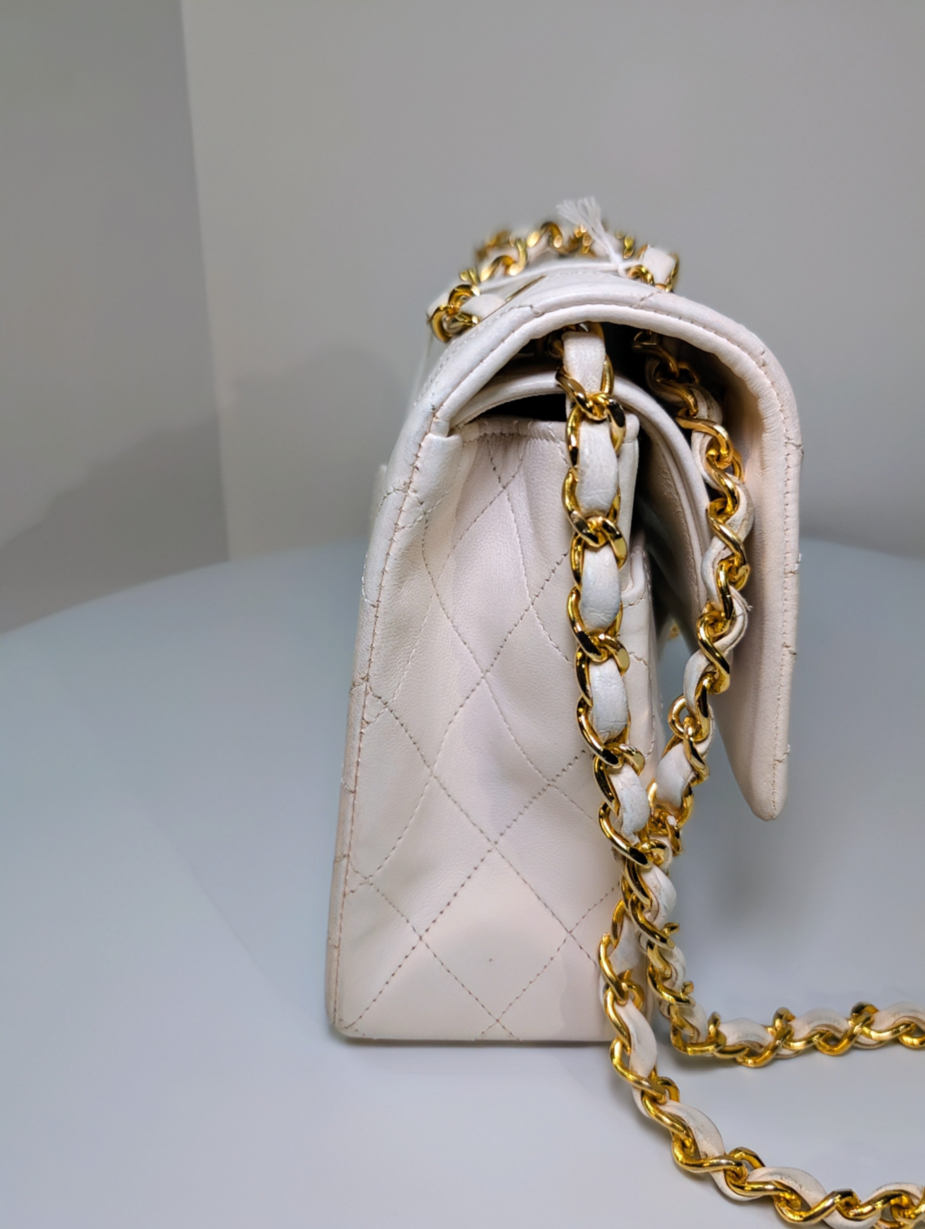 Chanel Rare Vintage White Medium Quilted Lambskin Classic Double Flap Bag with 24k Gold Hardware Series 1 (1989-1991)