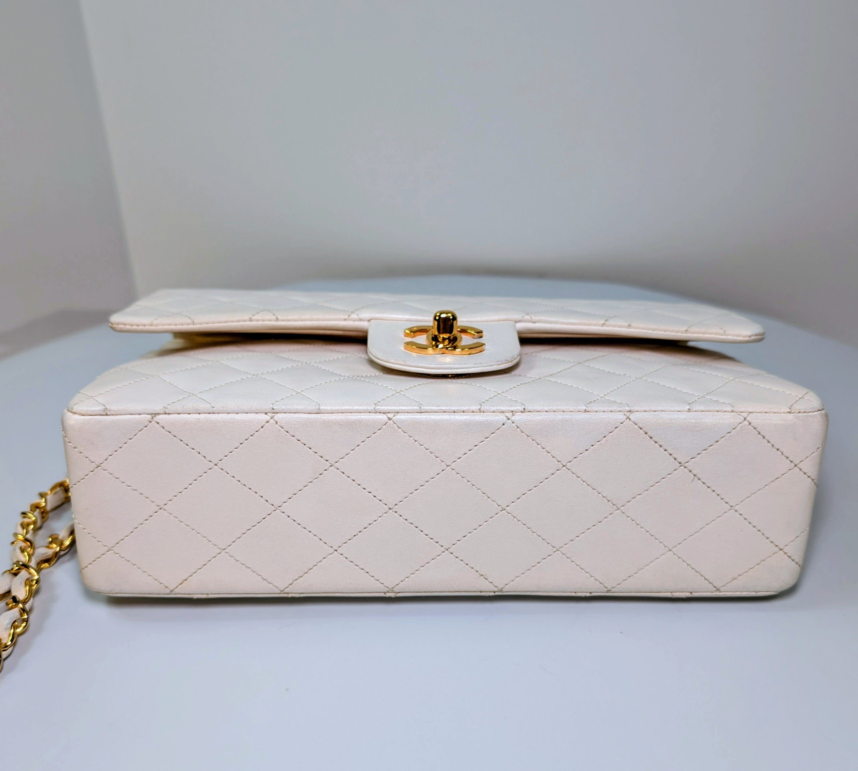 Chanel Rare Vintage White Medium Quilted Lambskin Classic Double Flap Bag with 24k Gold Hardware Series 1 (1989-1991)
