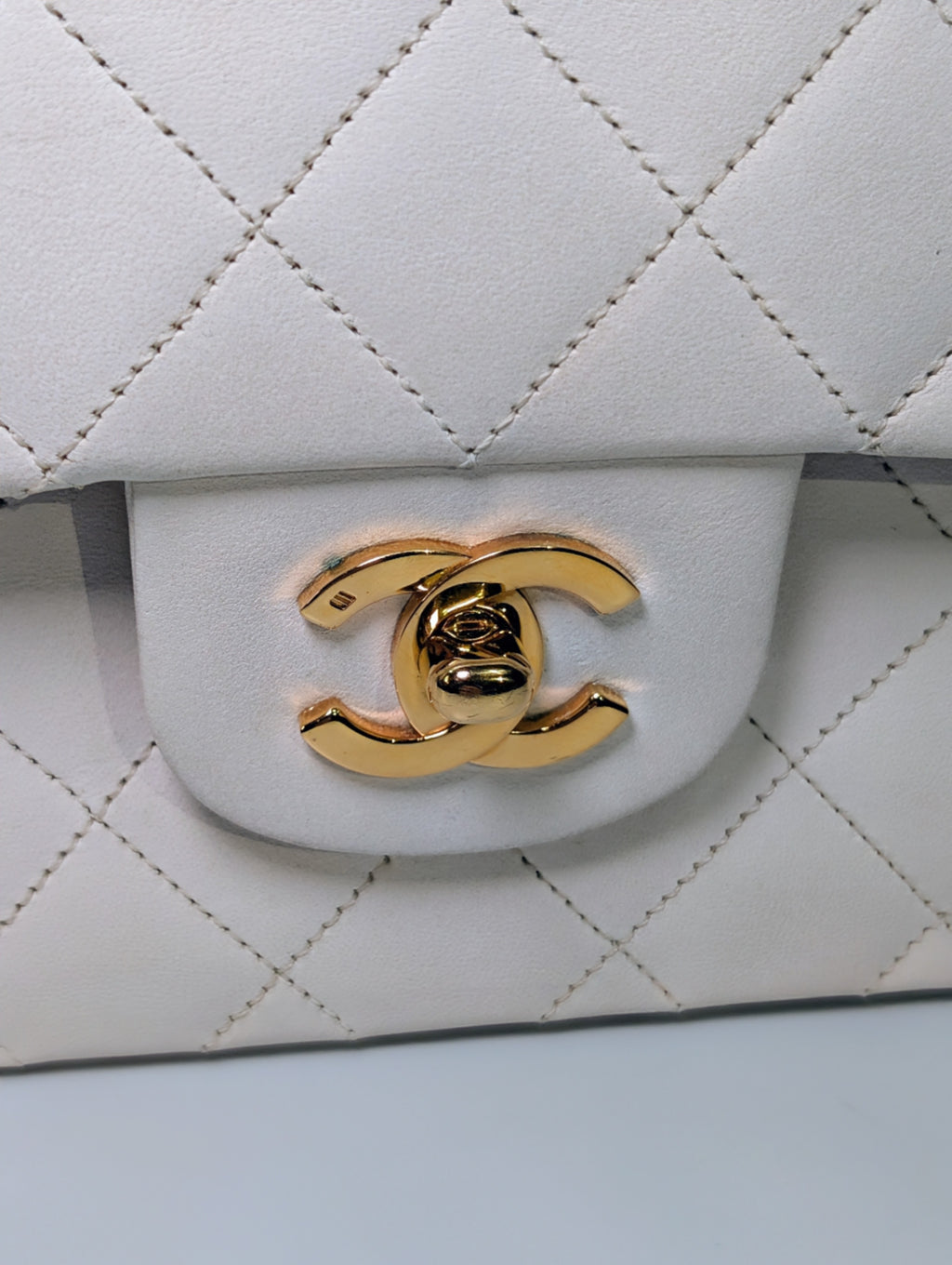 Chanel Rare Vintage White Medium Quilted Lambskin Classic Double Flap Bag with 24k Gold Hardware Series 1 (1989-1991)
