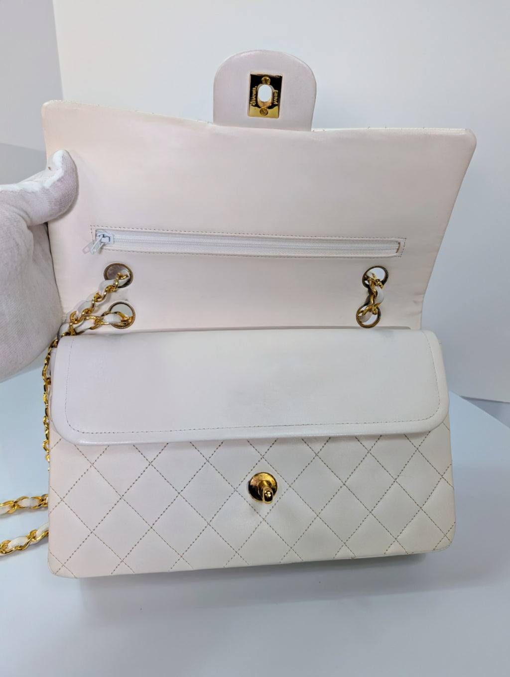 Chanel Rare Vintage White Medium Quilted Lambskin Classic Double Flap Bag with 24k Gold Hardware Series 1 (1989-1991)