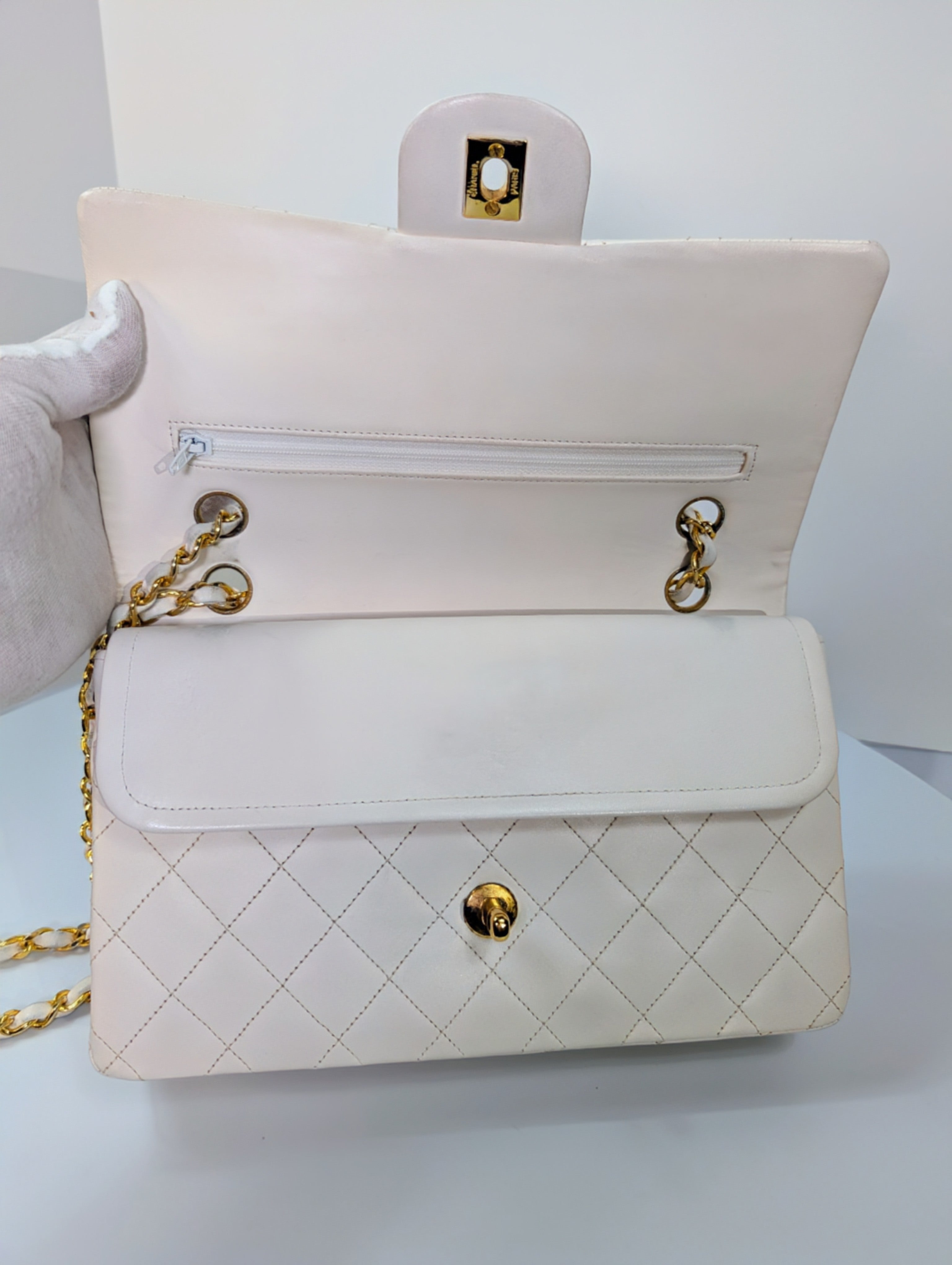 Chanel Rare Vintage White Medium Quilted Lambskin Classic Double Flap Bag with 24k Gold Hardware Series 1 (1989-1991)