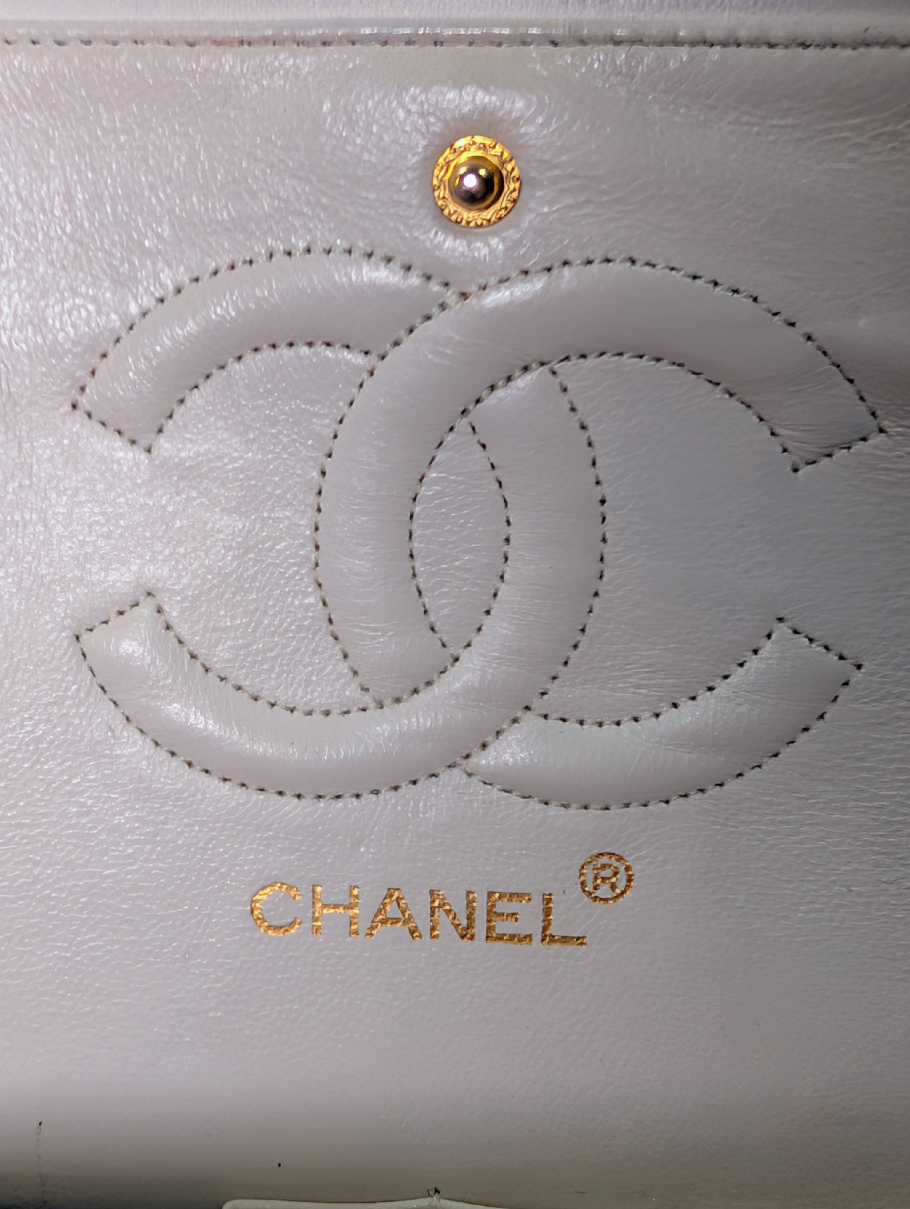 Chanel Rare Vintage White Medium Quilted Lambskin Classic Double Flap Bag with 24k Gold Hardware Series 1 (1989-1991)