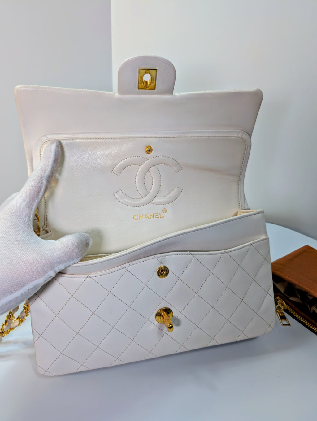 Chanel Rare Vintage White Medium Quilted Lambskin Classic Double Flap Bag with 24k Gold Hardware Series 1 (1989-1991)