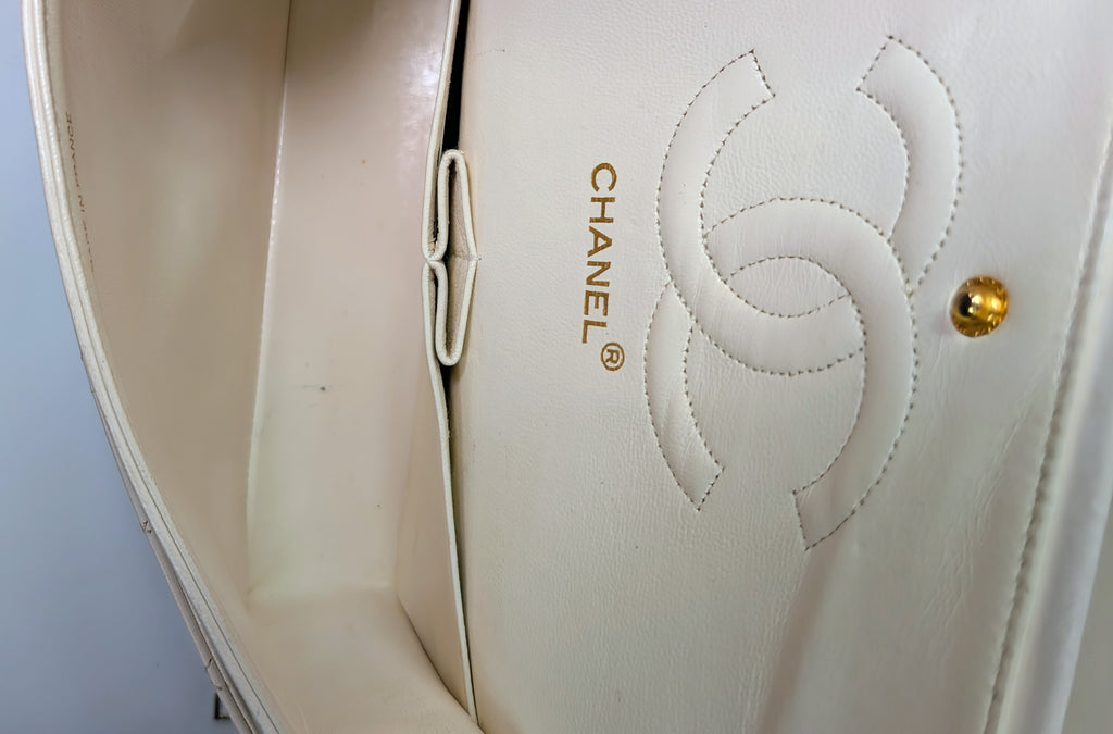 Chanel Rare Vintage White Medium Quilted Lambskin Classic Double Flap Bag with 24k Gold Hardware Series 1 (1989-1991)