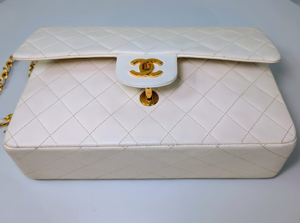 Chanel Rare Vintage White Medium Quilted Lambskin Classic Double Flap Bag with 24k Gold Hardware Series 1 (1989-1991)
