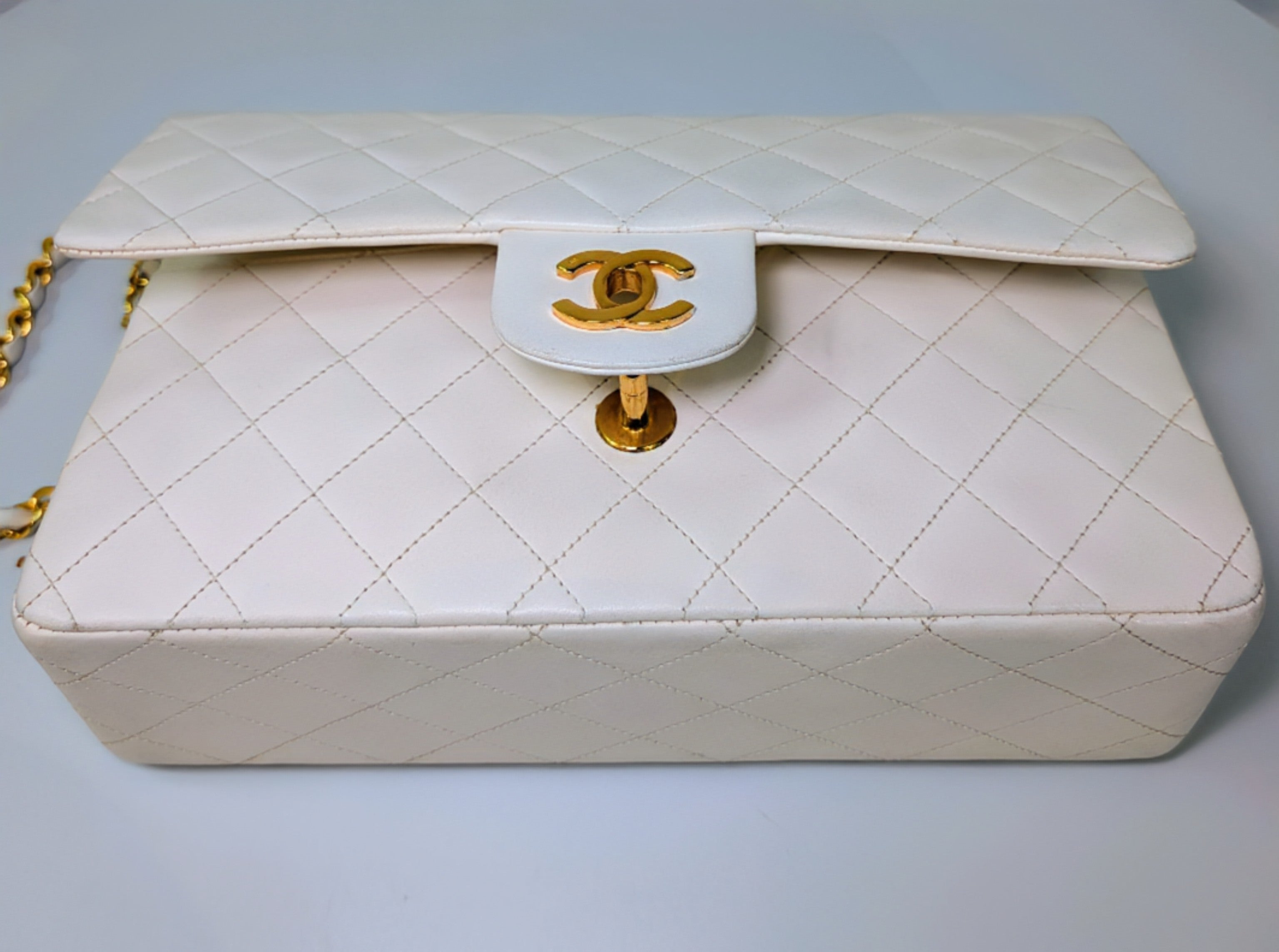 Chanel Rare Vintage White Medium Quilted Lambskin Classic Double Flap Bag with 24k Gold Hardware Series 1 (1989-1991)