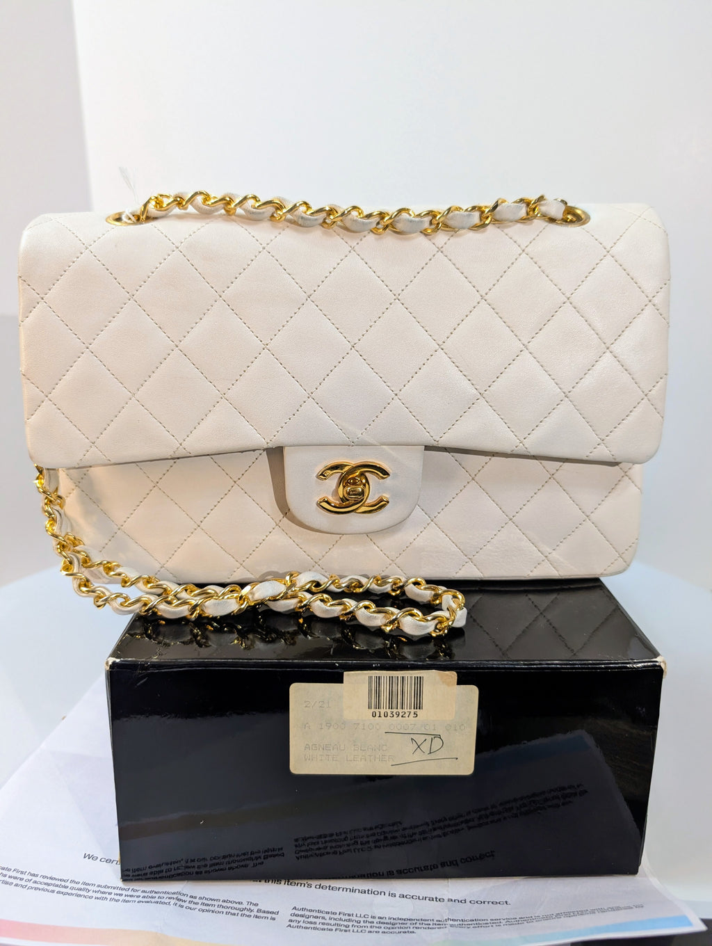 Chanel Rare Vintage White Medium Quilted Lambskin Classic Double Flap Bag with 24k Gold Hardware Series 1 (1989-1991)