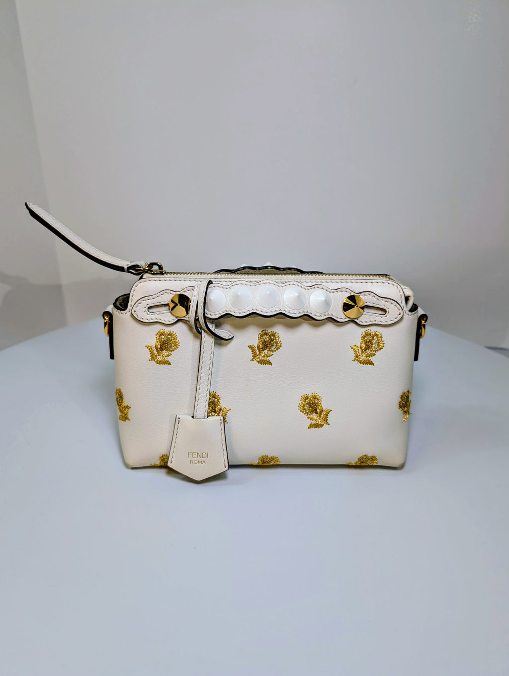 Fendi White "By The Way" Mini Boston Bag with Gold Floral Embroidery
