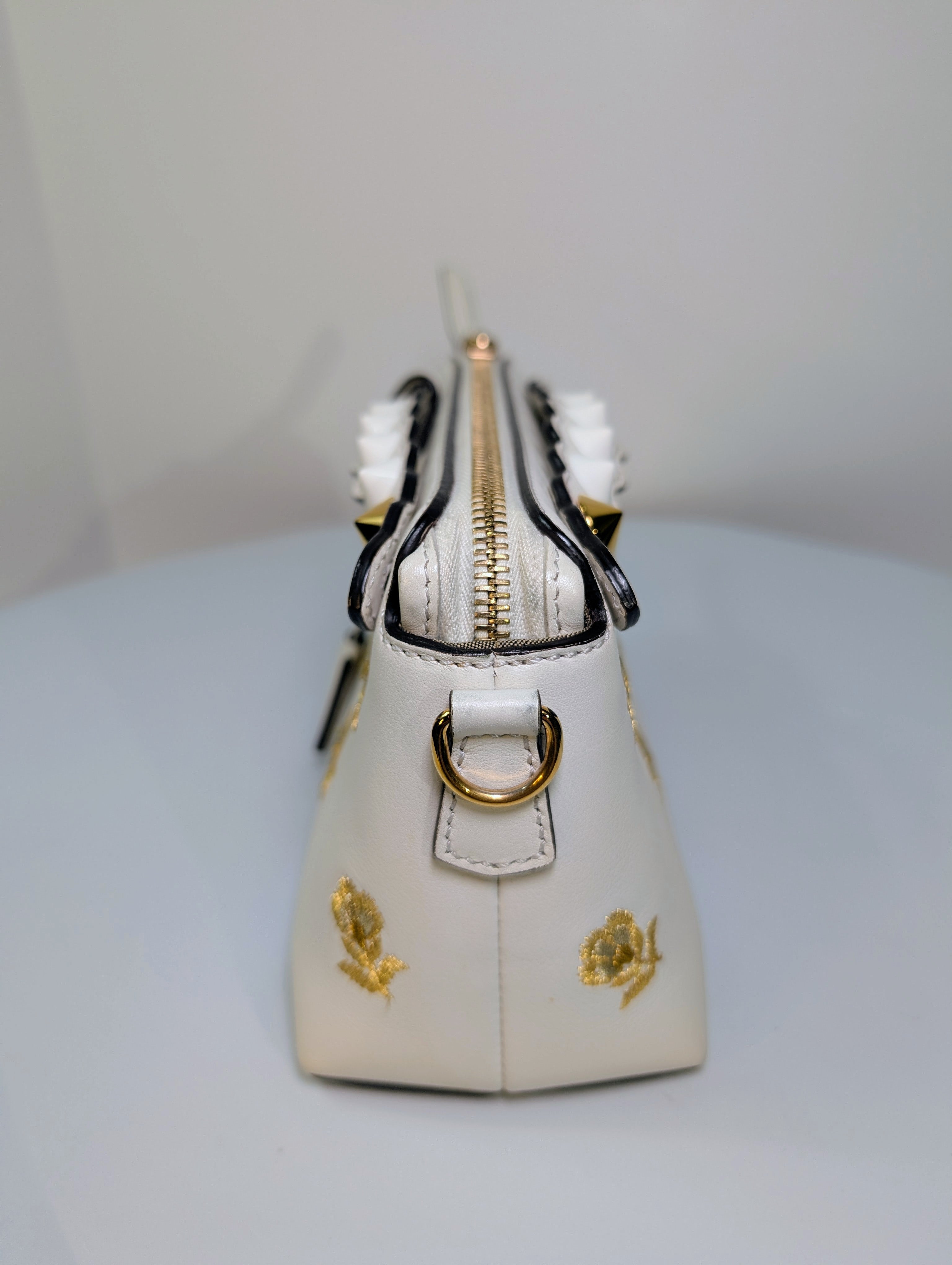 Fendi White "By The Way" Mini Boston Bag with Gold Floral Embroidery
