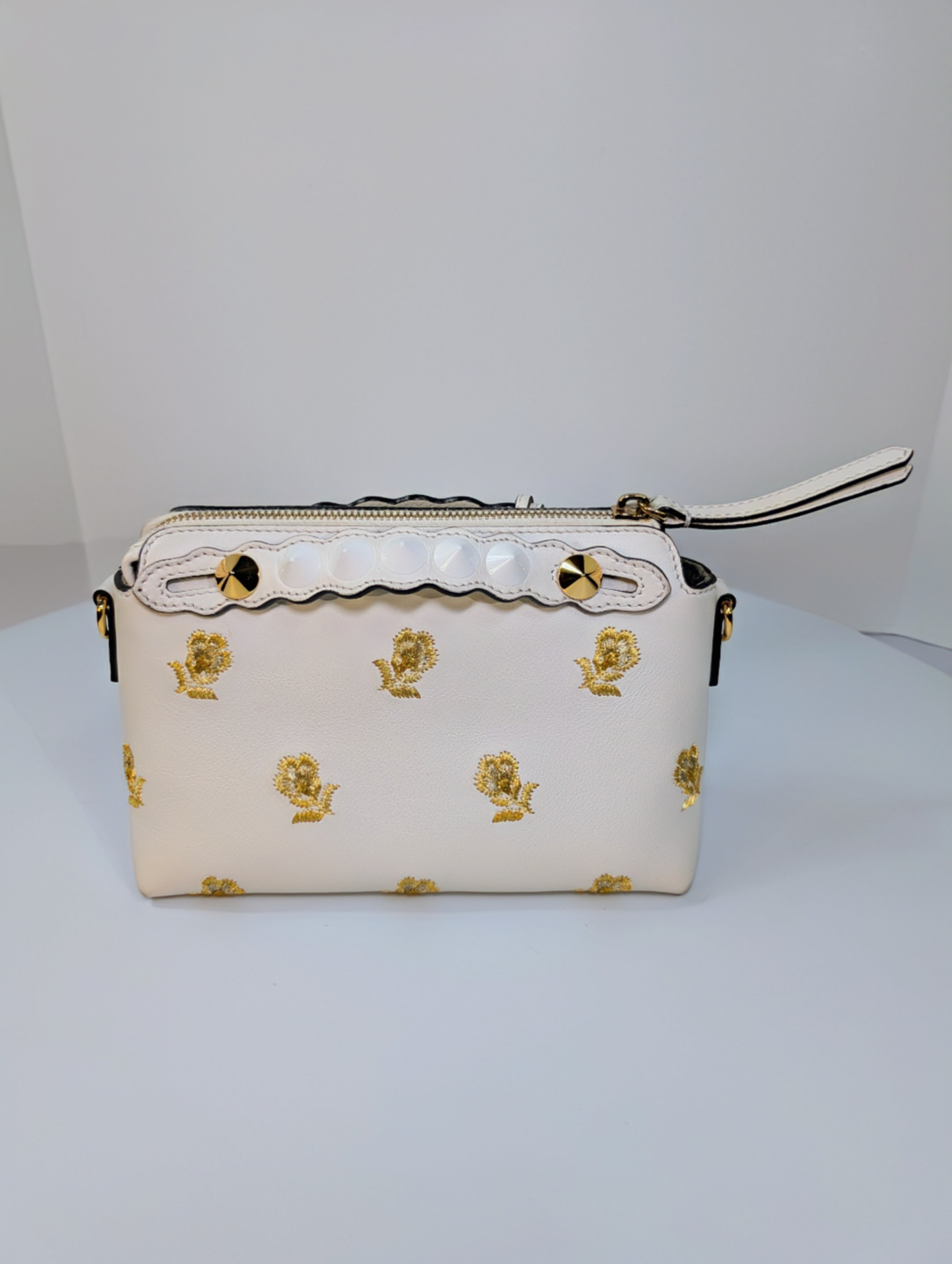 Fendi White "By The Way" Mini Boston Bag with Gold Floral Embroidery