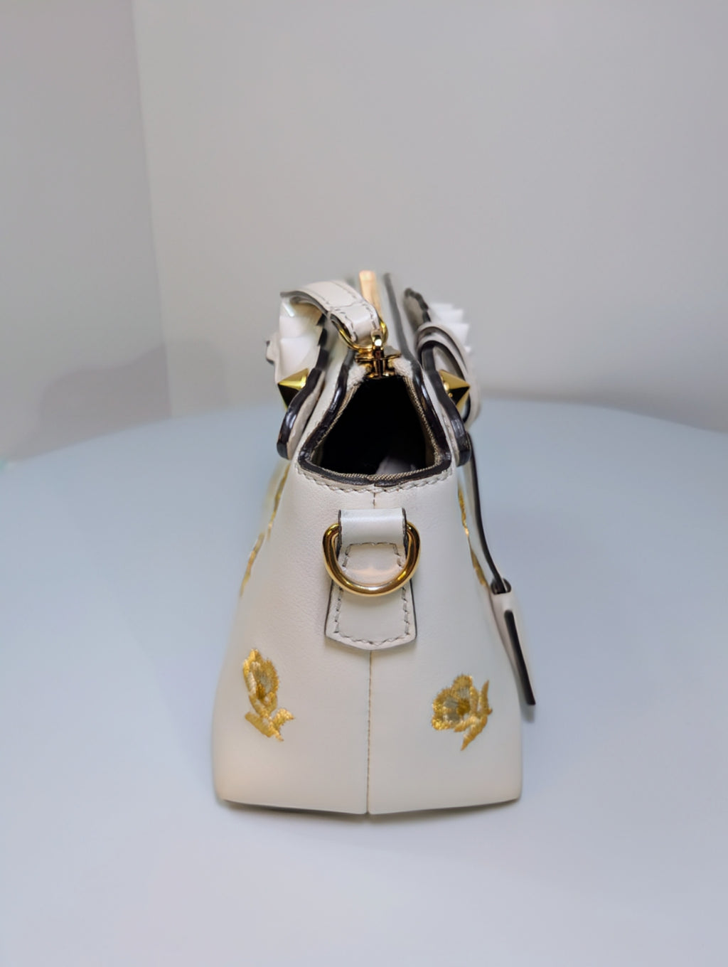 Fendi White "By The Way" Mini Boston Bag with Gold Floral Embroidery