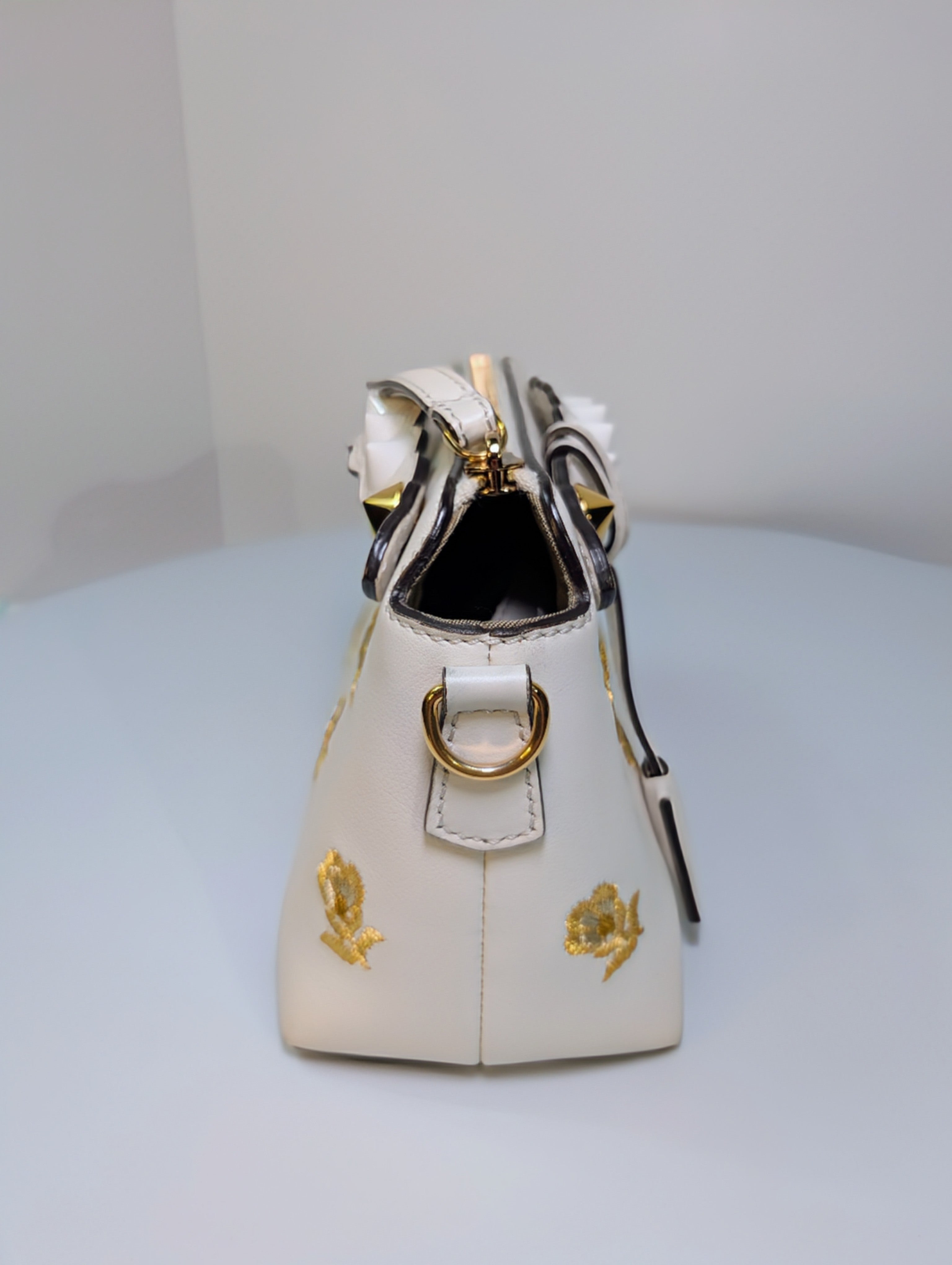 Fendi White "By The Way" Mini Boston Bag with Gold Floral Embroidery