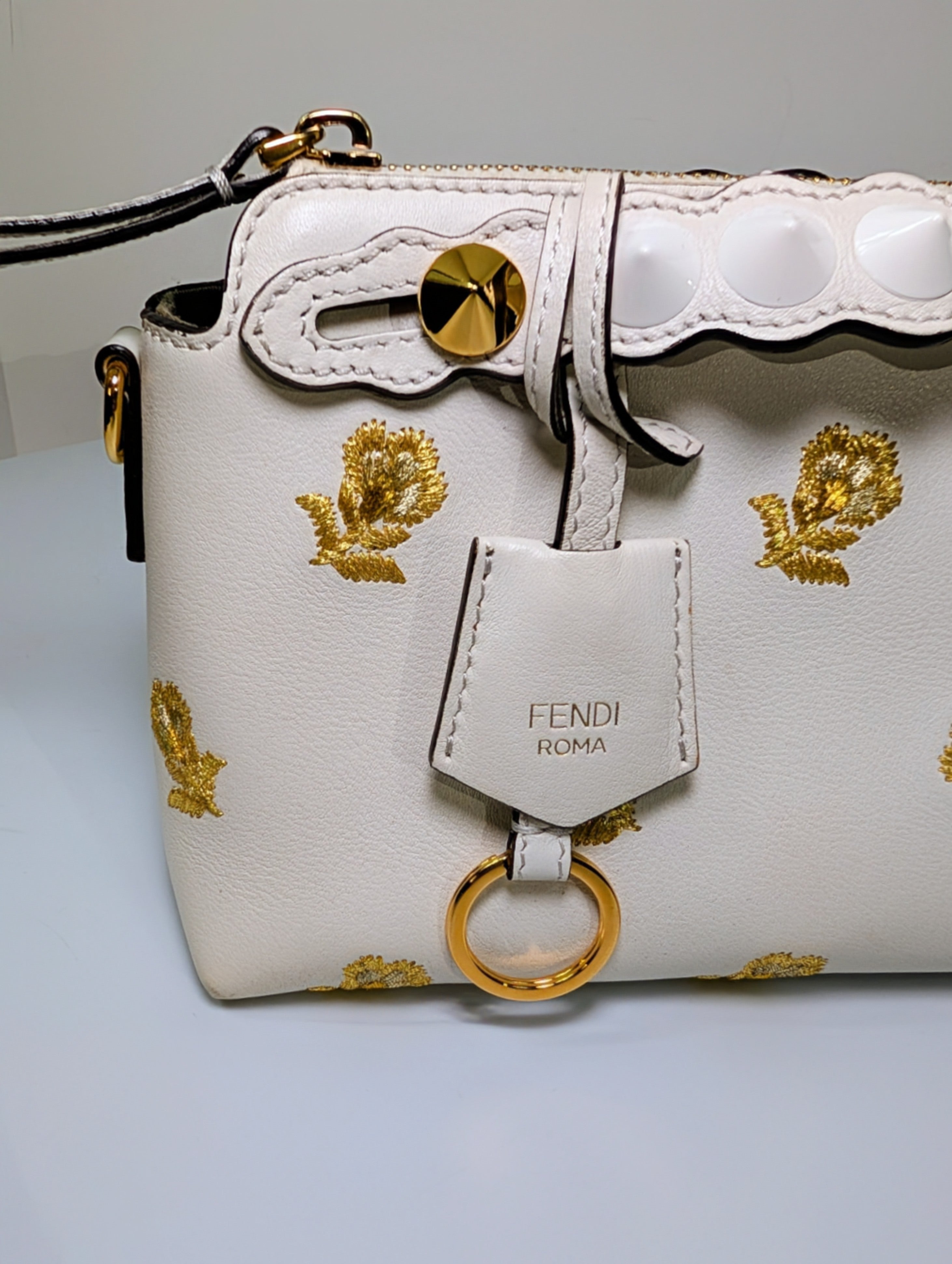 Fendi White "By The Way" Mini Boston Bag with Gold Floral Embroidery