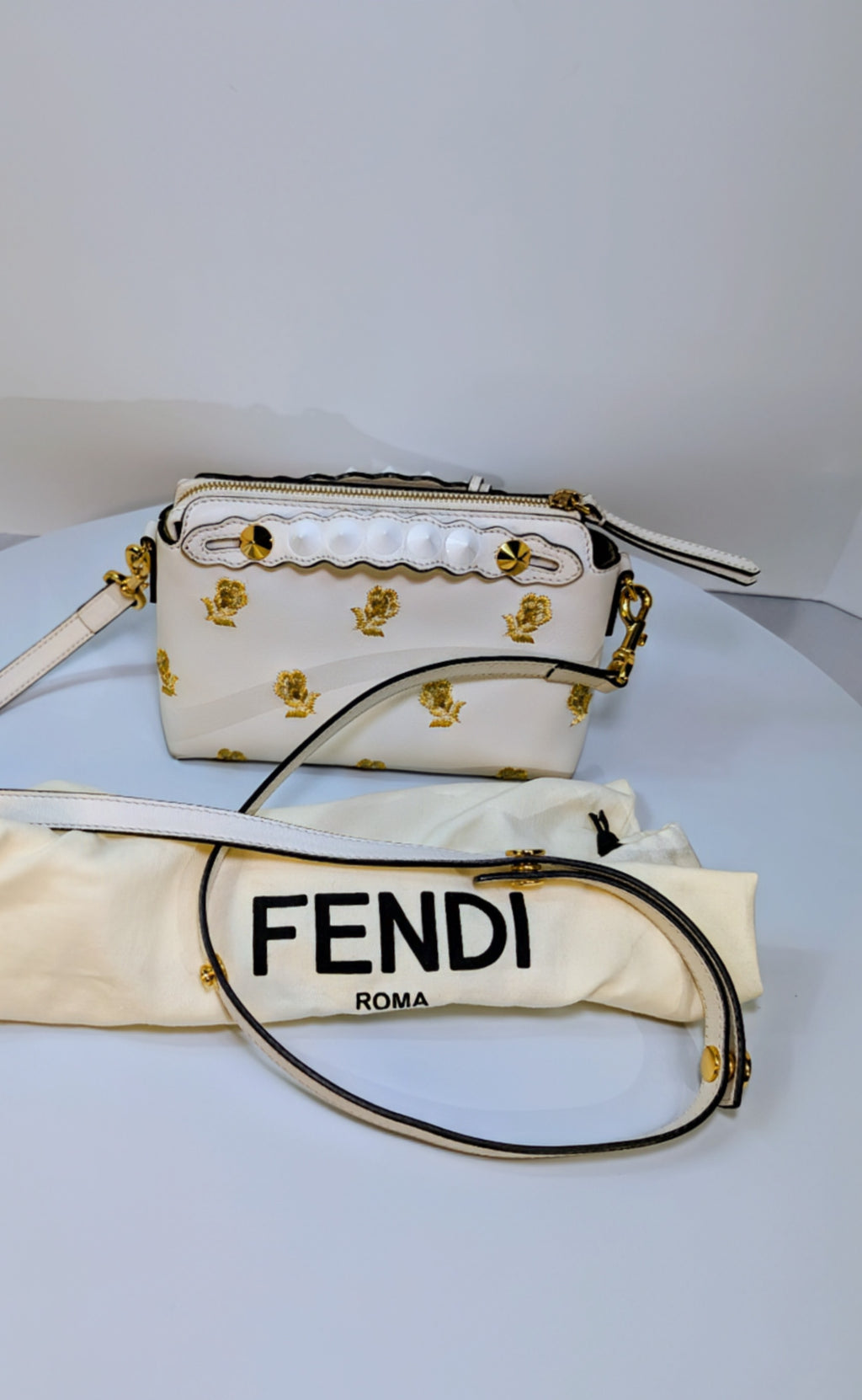 Fendi White "By The Way" Mini Boston Bag with Gold Floral Embroidery
