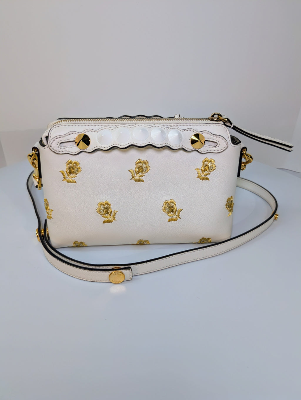 Fendi White "By The Way" Mini Boston Bag with Gold Floral Embroidery