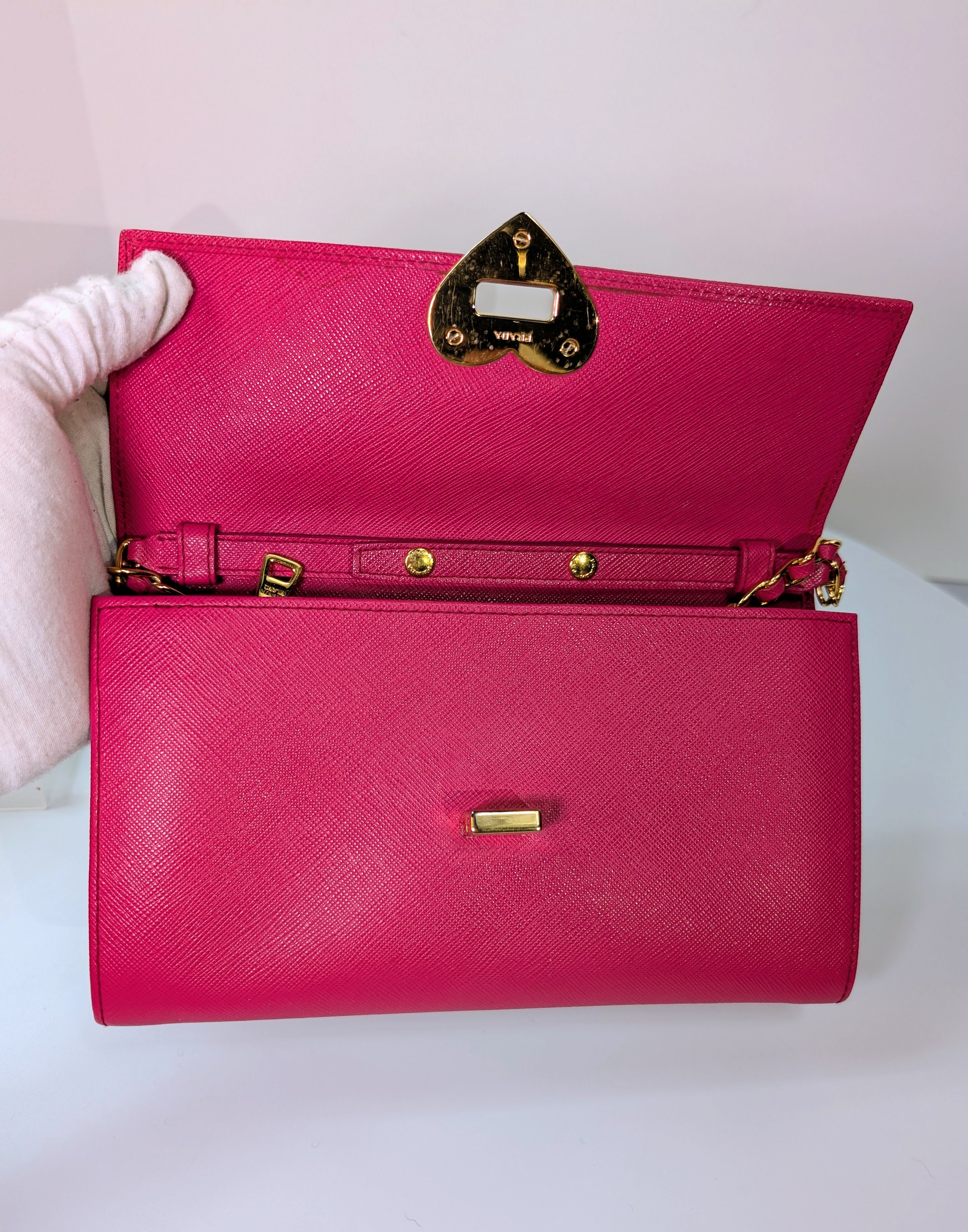 Prada Hot Pink Saffiano Heart Turn Lock Mini Bag with Key Charm