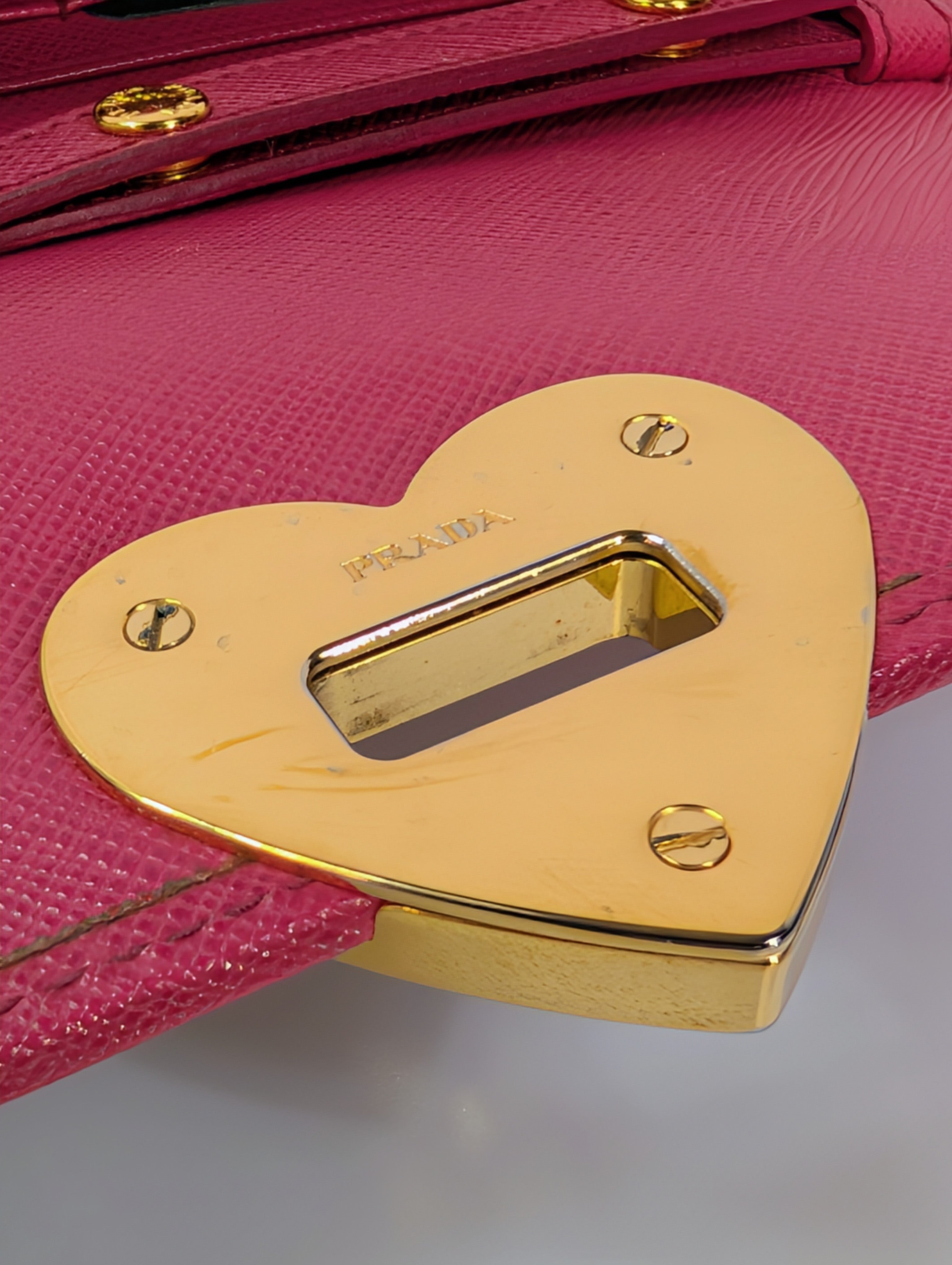 Prada Hot Pink Saffiano Heart Turn Lock Mini Bag with Key Charm