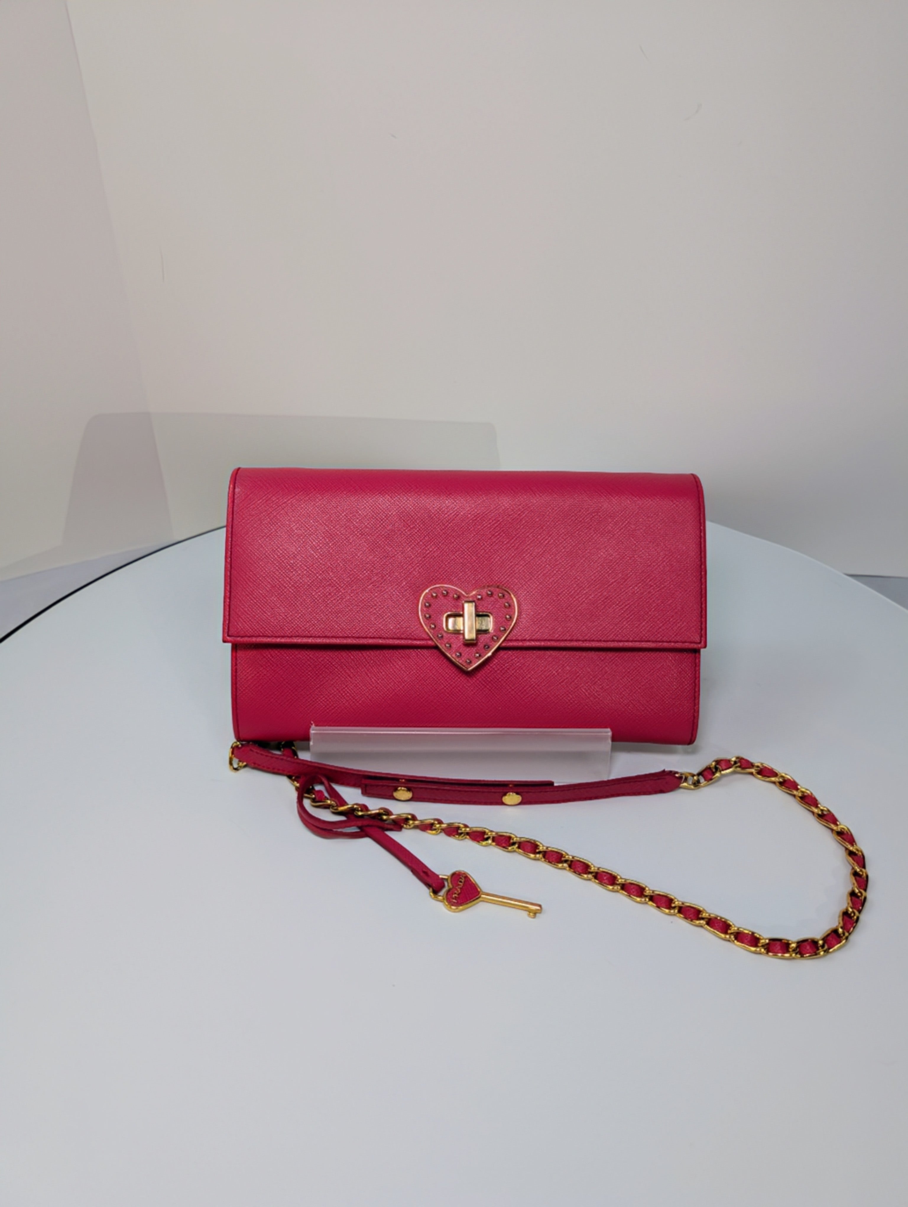 Prada Hot Pink Saffiano Heart Turn Lock Mini Bag with Key Charm