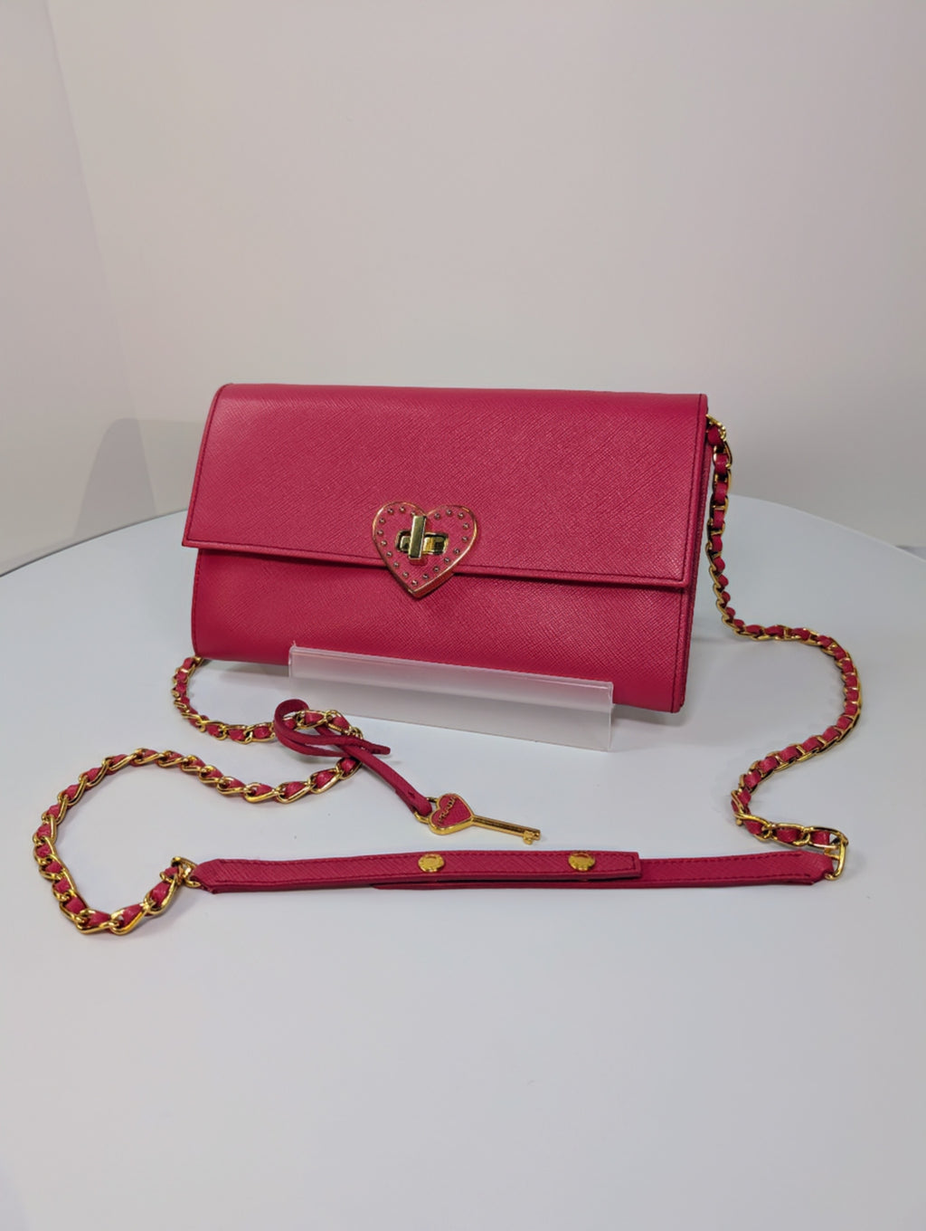 Prada Hot Pink Saffiano Heart Turn Lock Mini Bag with Key Charm