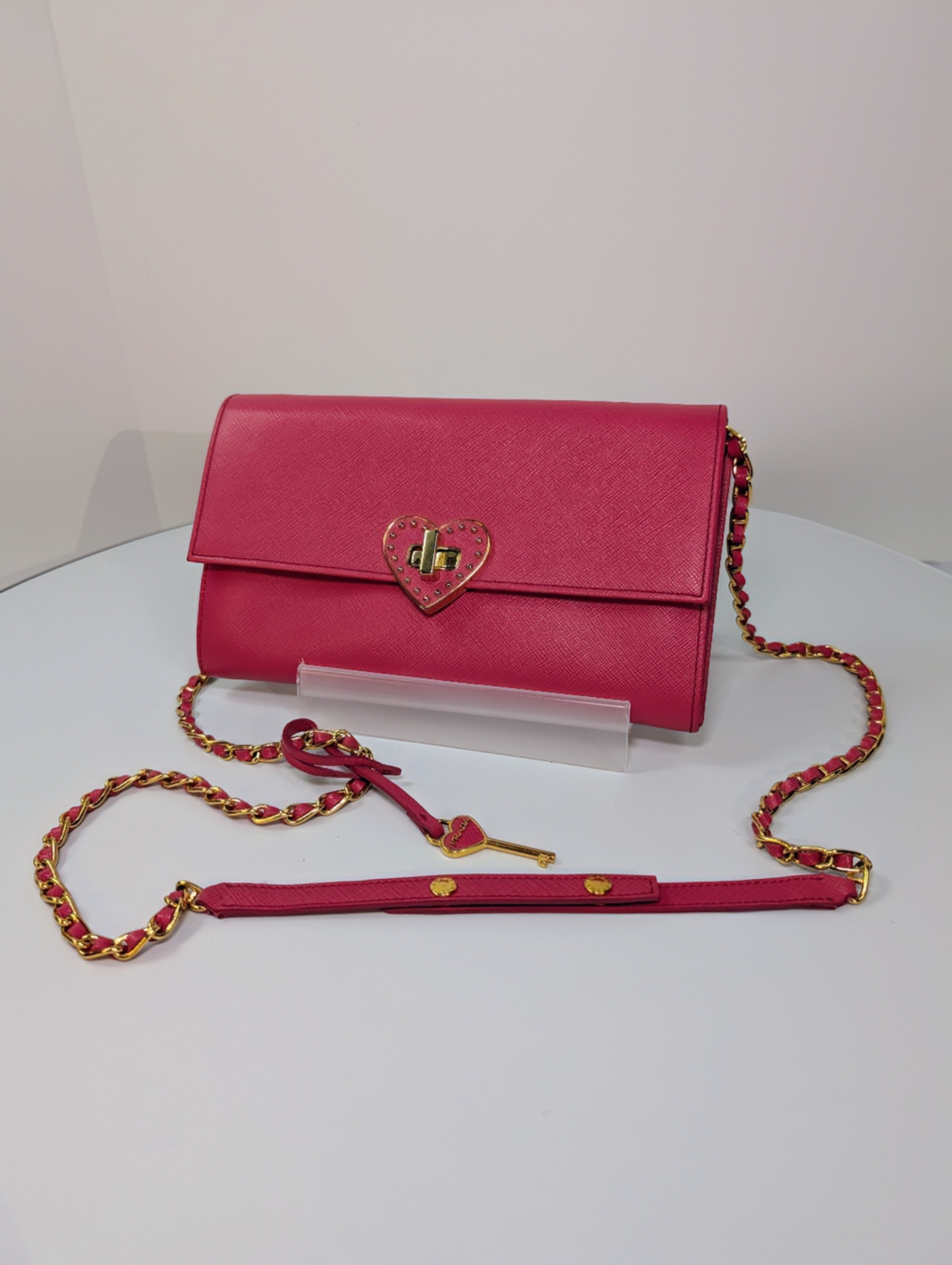 Prada Hot Pink Saffiano Heart Turn Lock Mini Bag with Key Charm