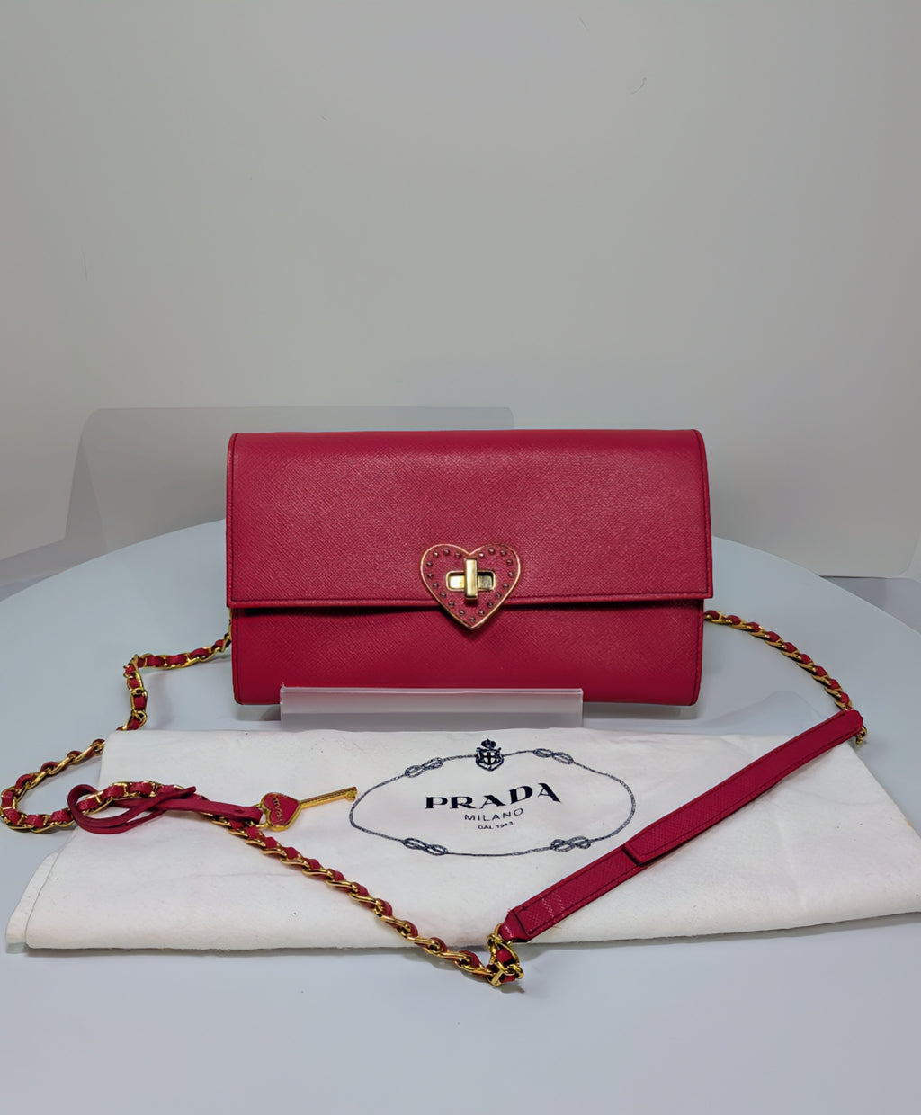 Prada Hot Pink Saffiano Heart Turn Lock Mini Bag with Key Charm