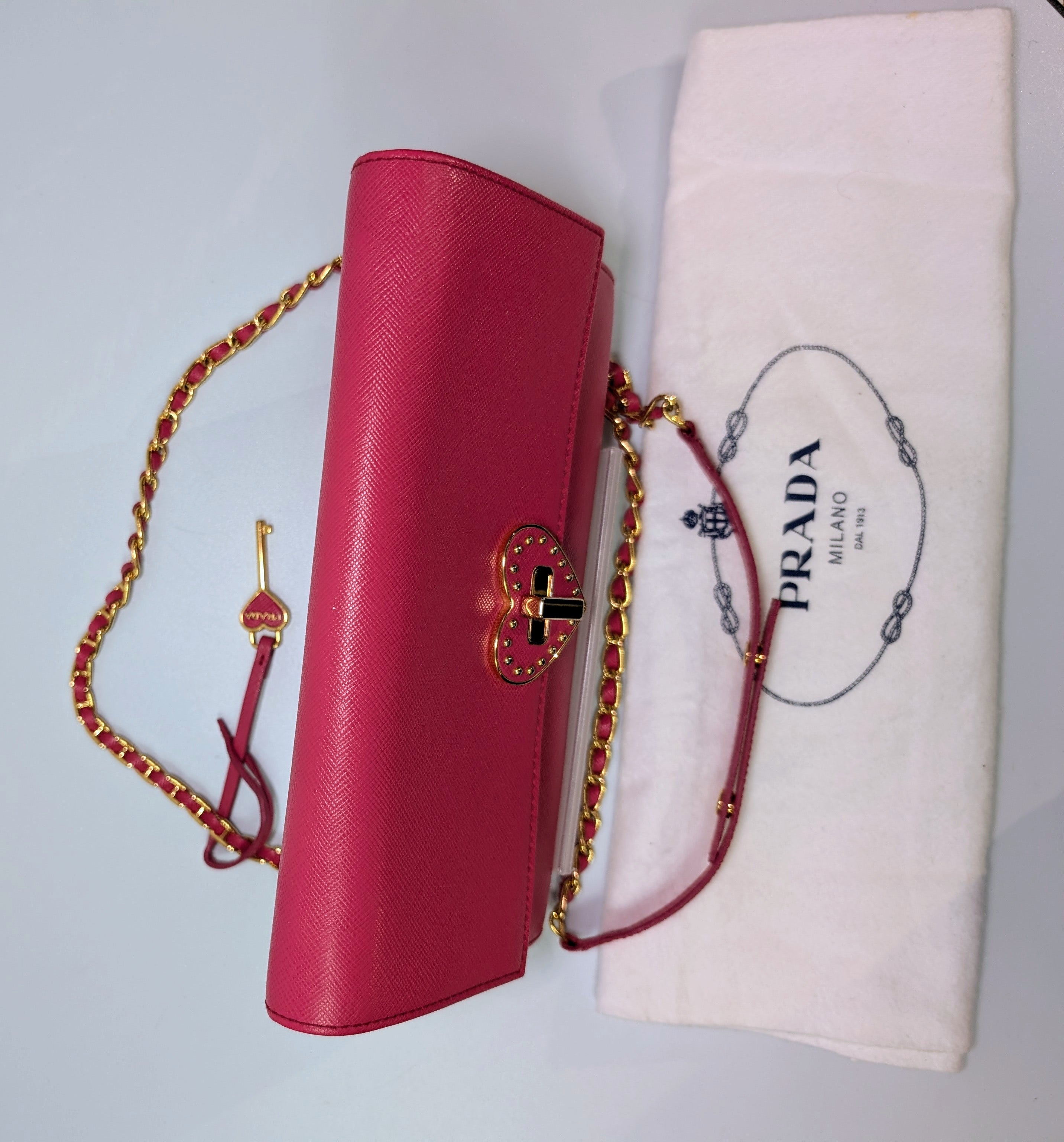 Prada Hot Pink Saffiano Heart Turn Lock Mini Bag with Key Charm