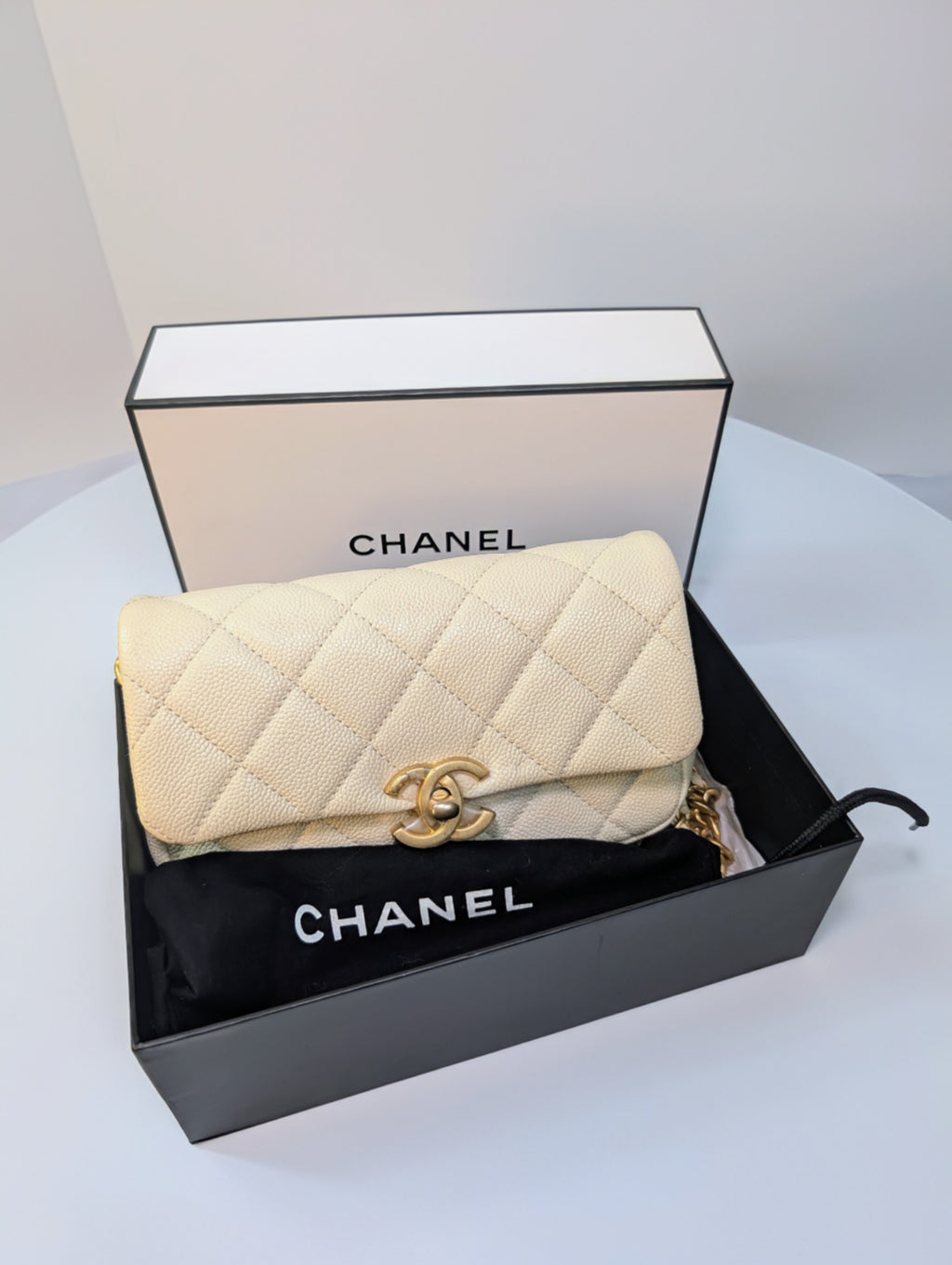 Chanel Melody Cream White Caviar Quilted Mini Flap Belt Bag