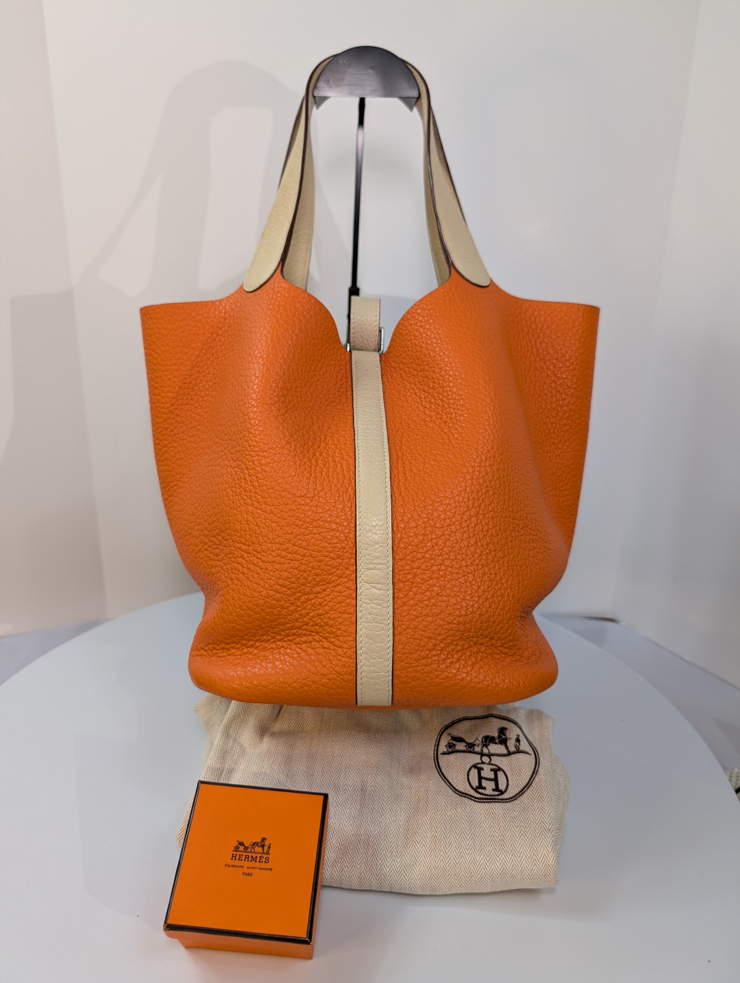 Hermes Bicolor Orange & Parchemin Clemence Leather Picotin 26 (GM)