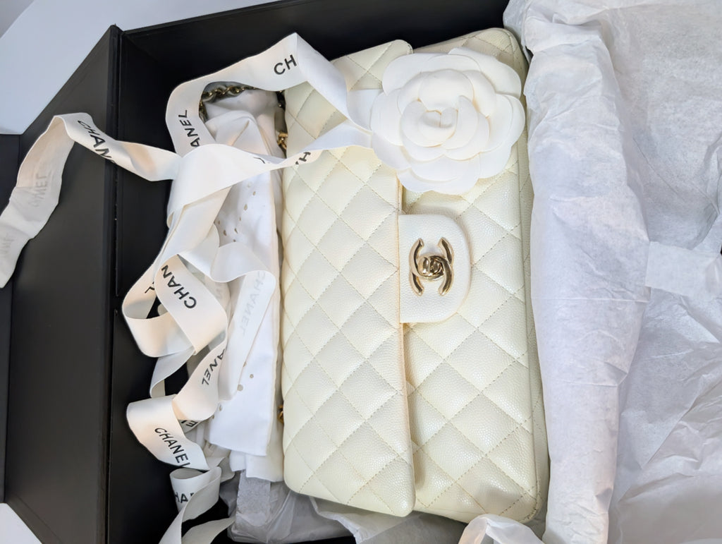 Chanel Vintage S2 Classic White Quilted Caviar Leather Double Flap Bag with 24k Gold-Plated Hardware