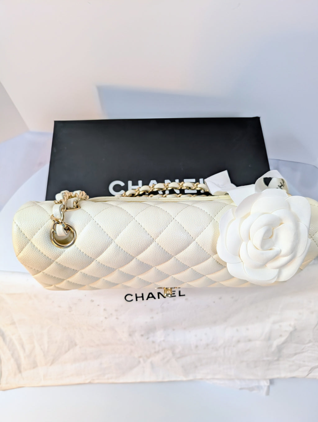 Chanel Vintage S2 Classic White Quilted Caviar Leather Double Flap Bag with 24k Gold-Plated Hardware