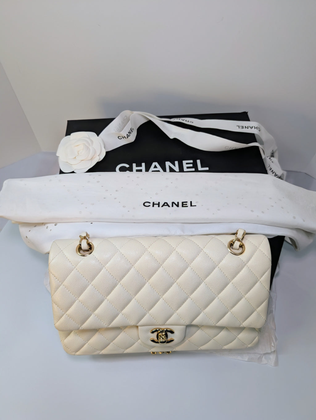 Chanel Vintage S2 Classic White Quilted Caviar Leather Double Flap Bag with 24k Gold-Plated Hardware