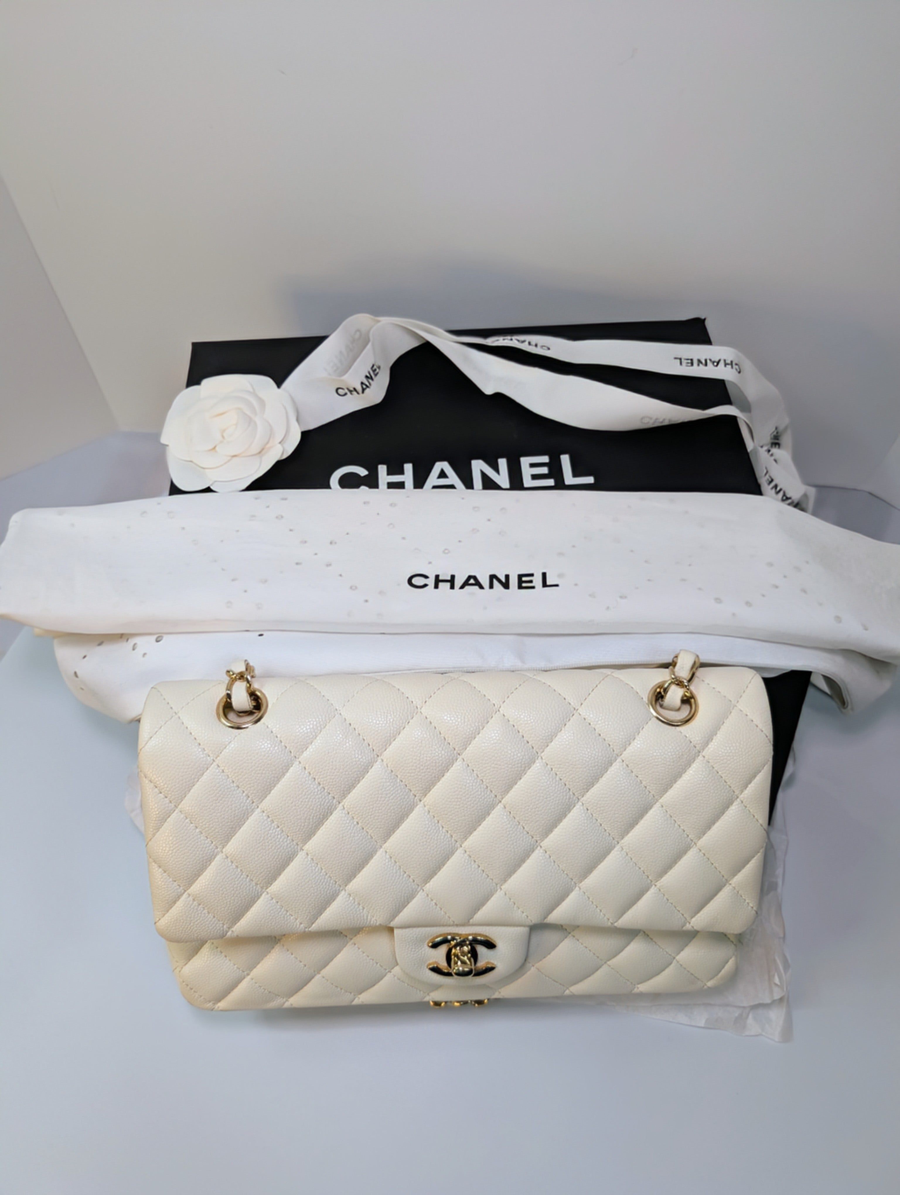 Chanel Vintage S2 Classic White Quilted Caviar Leather Double Flap Bag with 24k Gold-Plated Hardware