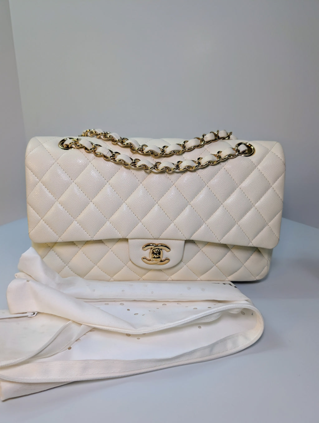 Chanel Vintage S2 Classic White Quilted Caviar Leather Double Flap Bag with 24k Gold-Plated Hardware