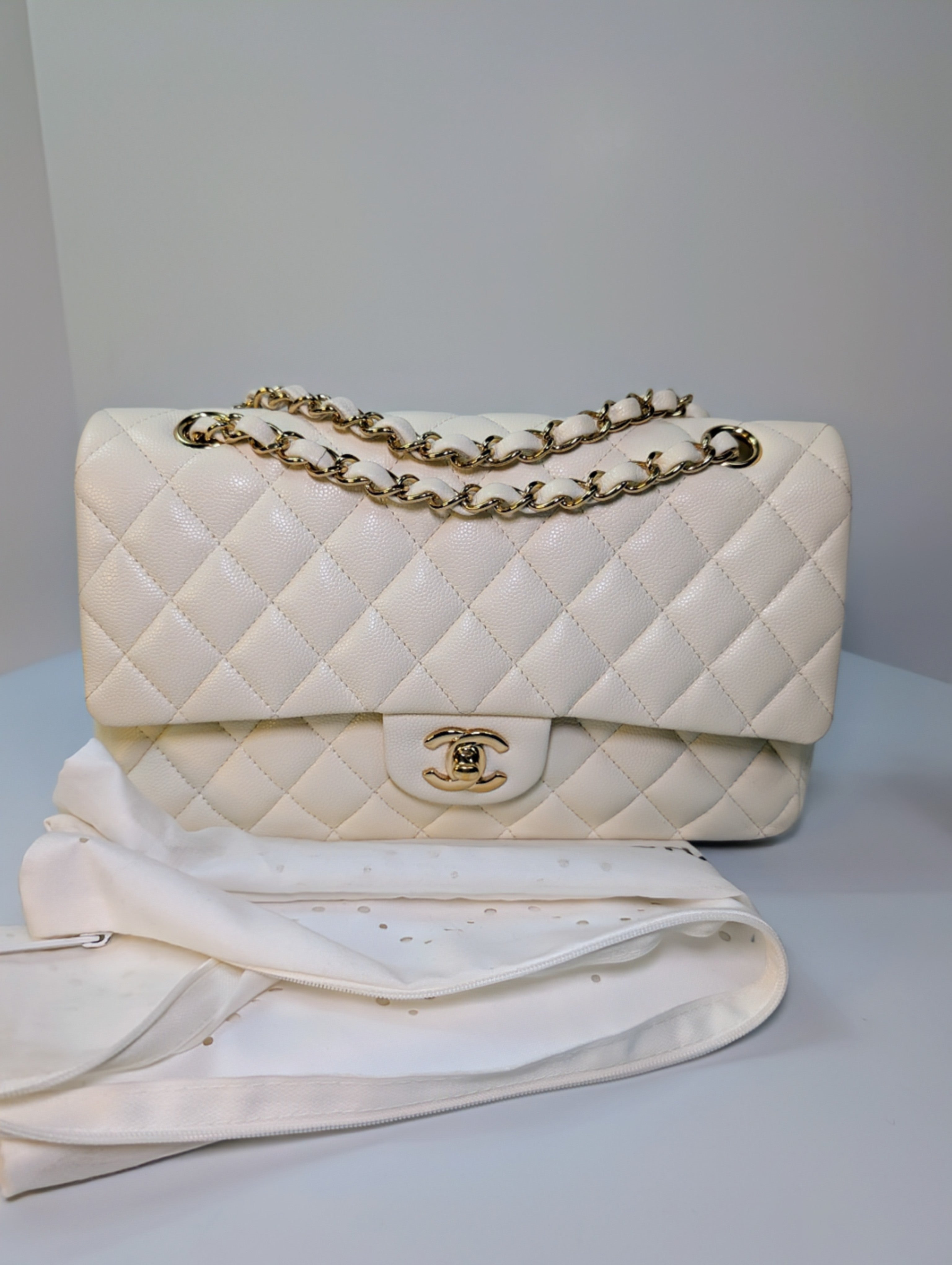 Chanel Vintage S2 Classic White Quilted Caviar Leather Double Flap Bag with 24k Gold-Plated Hardware