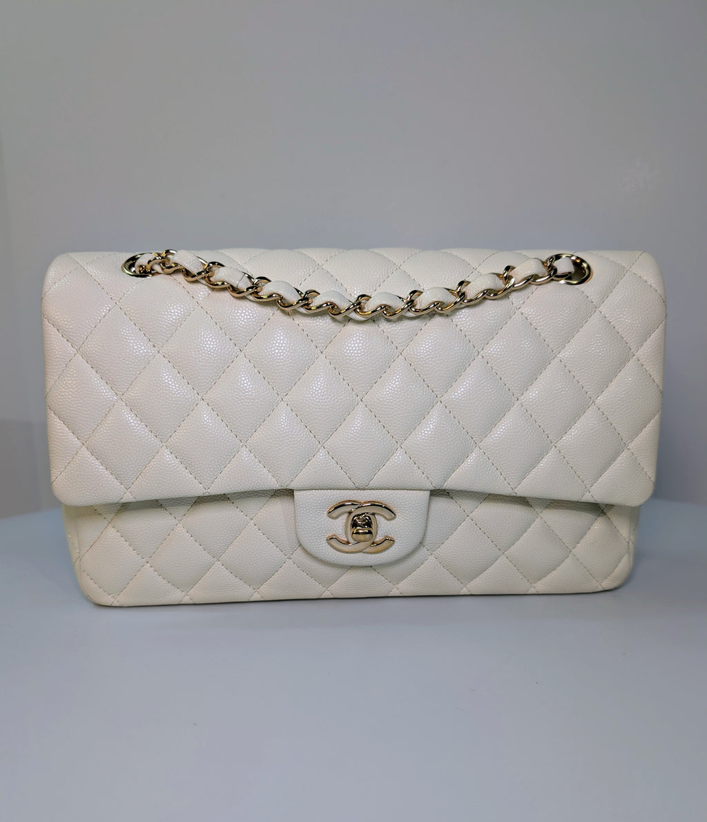 Chanel Vintage S2 Classic White Quilted Caviar Leather Double Flap Bag with 24k Gold-Plated Hardware