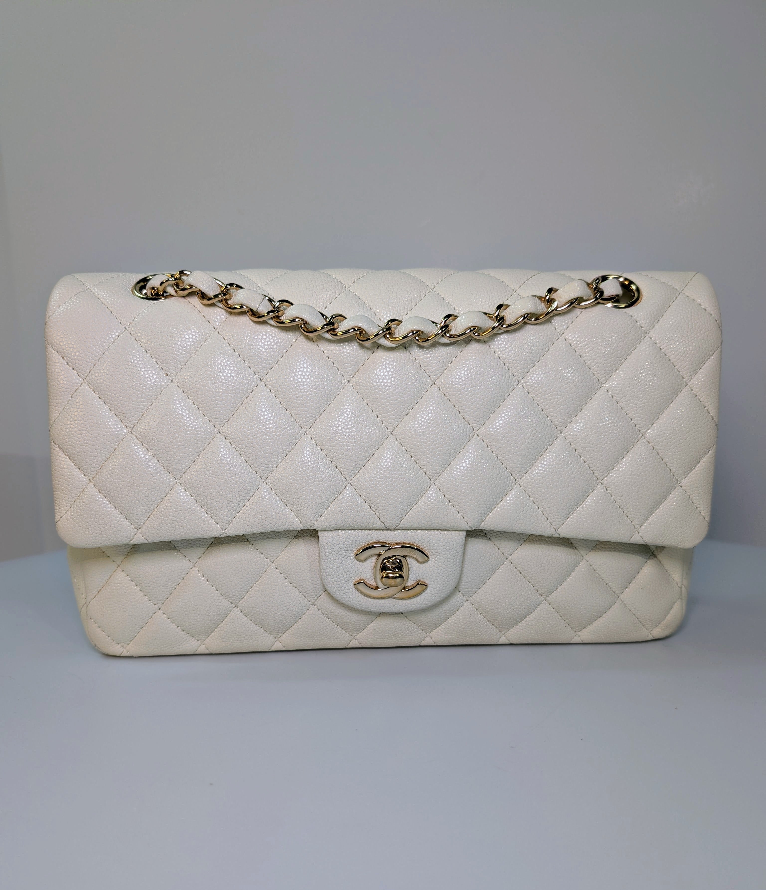 Chanel Vintage S2 Classic White Quilted Caviar Leather Double Flap Bag with 24k Gold-Plated Hardware