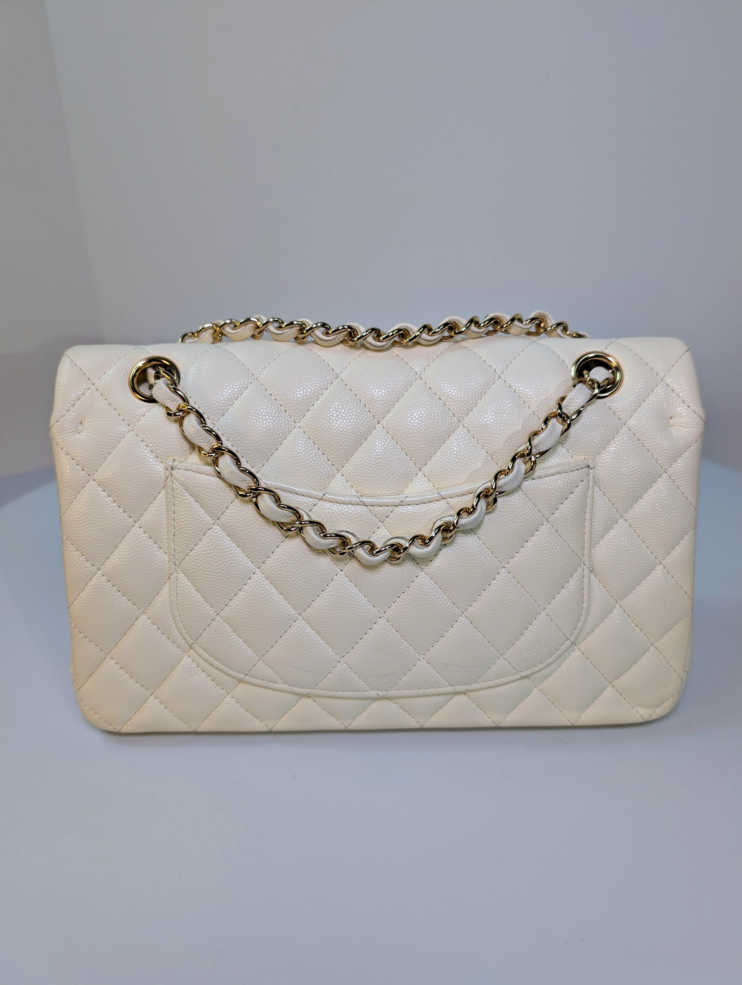 Chanel Vintage S2 Classic White Quilted Caviar Leather Double Flap Bag with 24k Gold-Plated Hardware