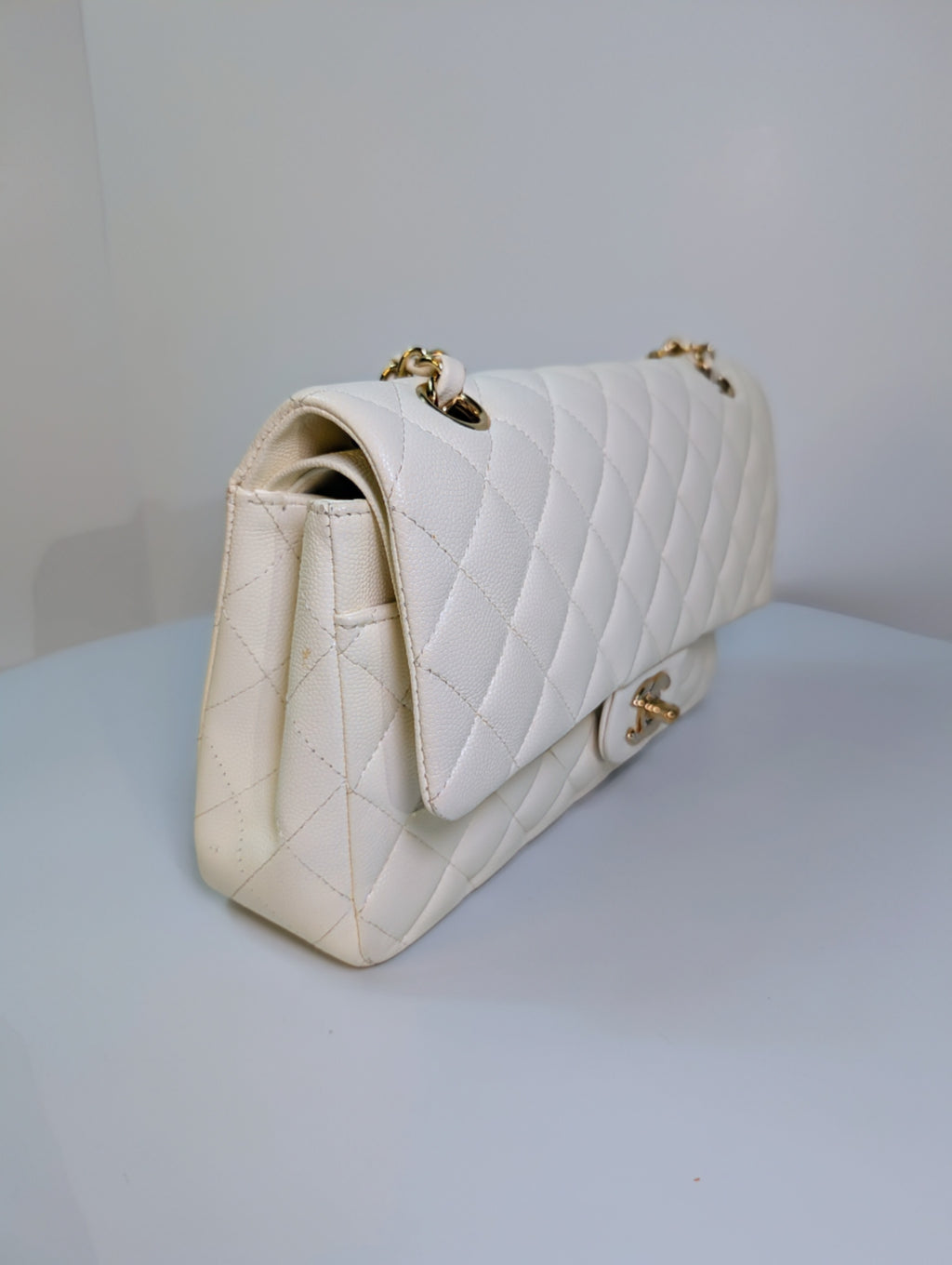 Chanel Vintage S2 Classic White Quilted Caviar Leather Double Flap Bag with 24k Gold-Plated Hardware