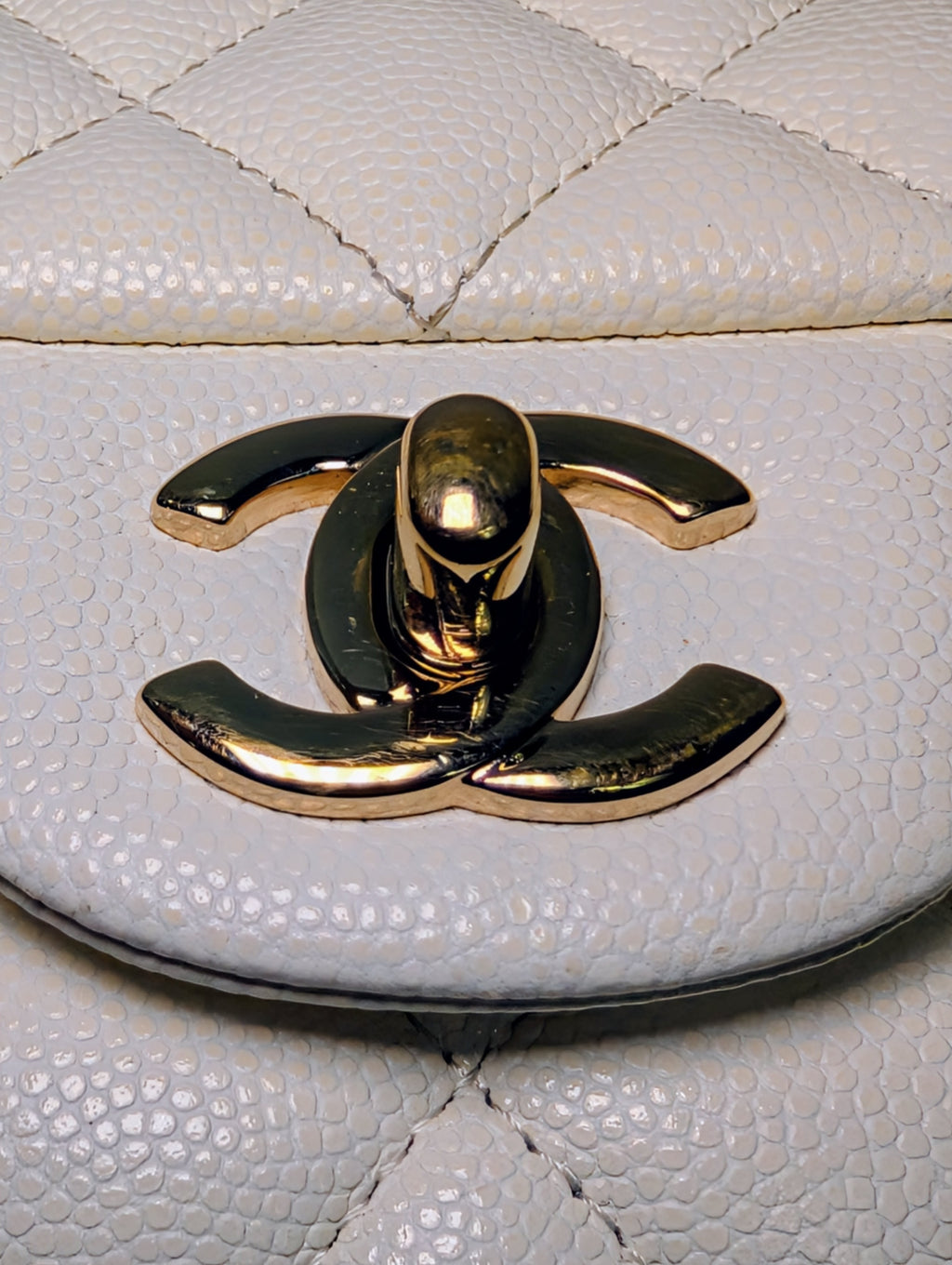 Chanel Vintage S2 Classic White Quilted Caviar Leather Double Flap Bag with 24k Gold-Plated Hardware