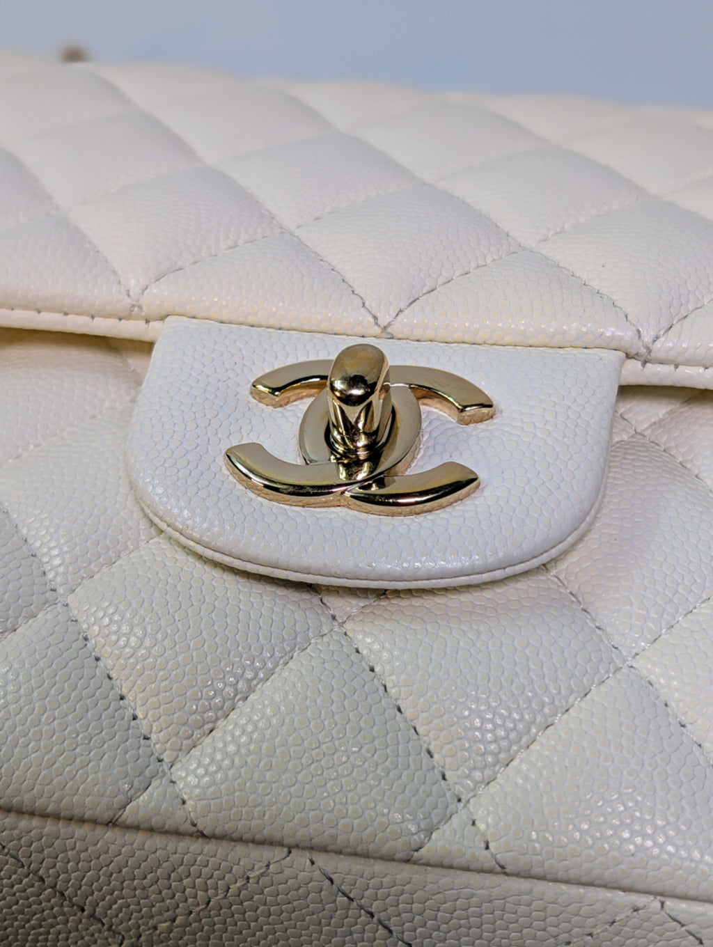 Chanel Vintage S2 Classic White Quilted Caviar Leather Double Flap Bag with 24k Gold-Plated Hardware