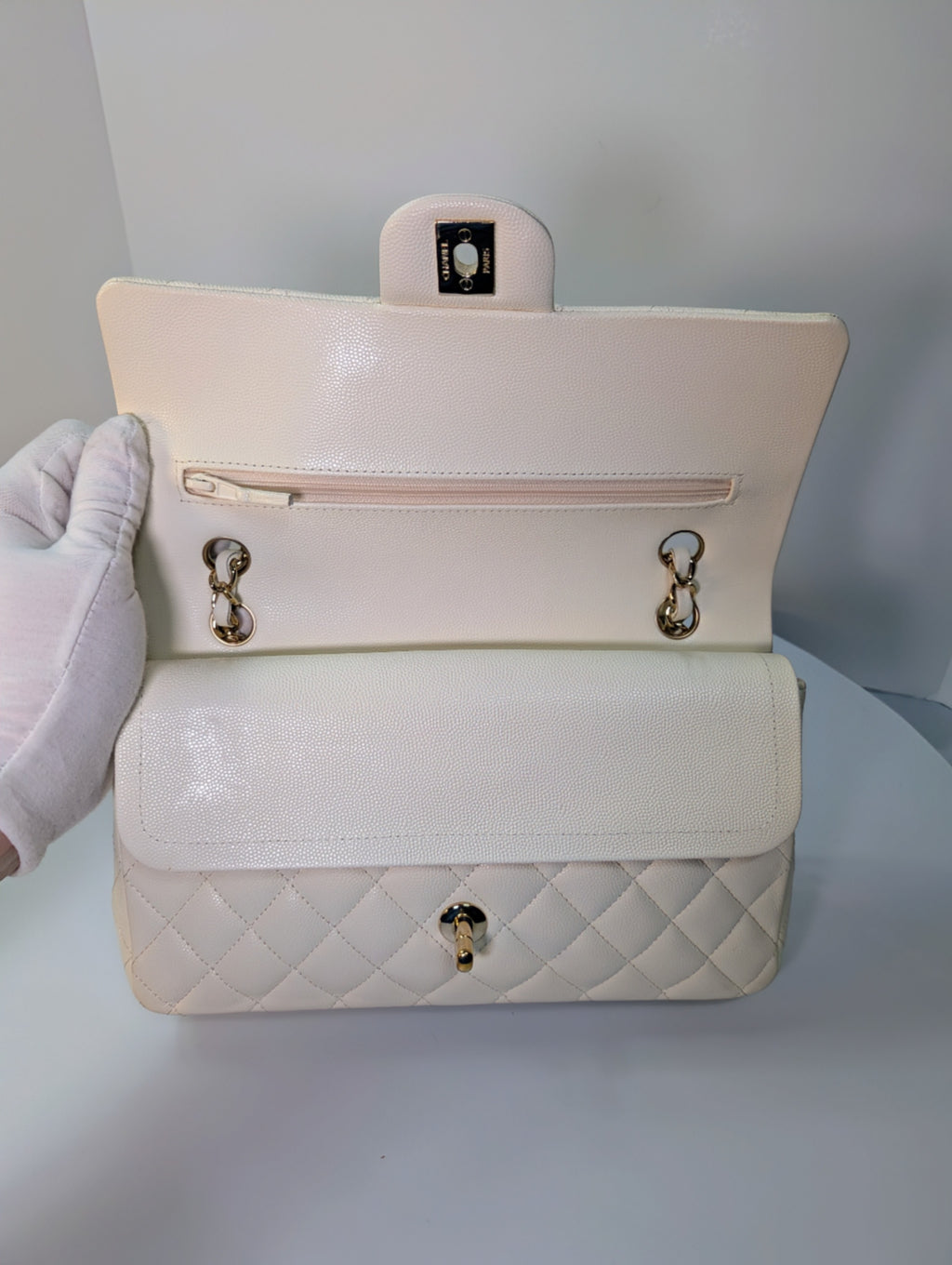 Chanel Vintage S2 Classic White Quilted Caviar Leather Double Flap Bag with 24k Gold-Plated Hardware