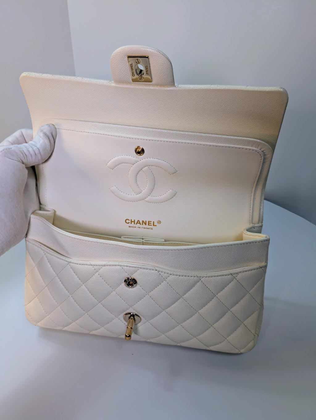 Chanel Vintage S2 Classic White Quilted Caviar Leather Double Flap Bag with 24k Gold-Plated Hardware