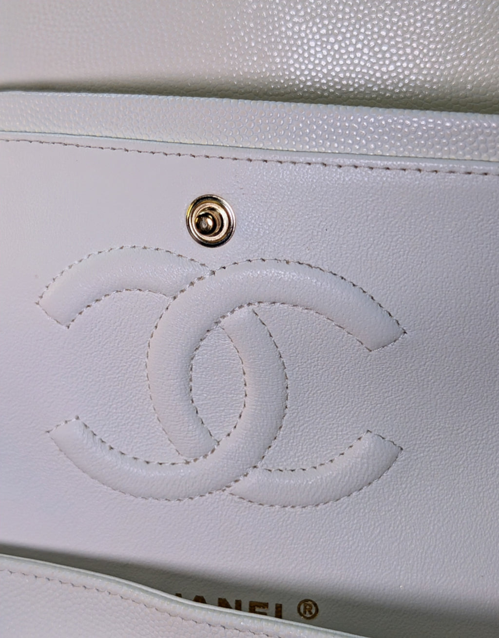 Chanel Vintage S2 Classic White Quilted Caviar Leather Double Flap Bag with 24k Gold-Plated Hardware