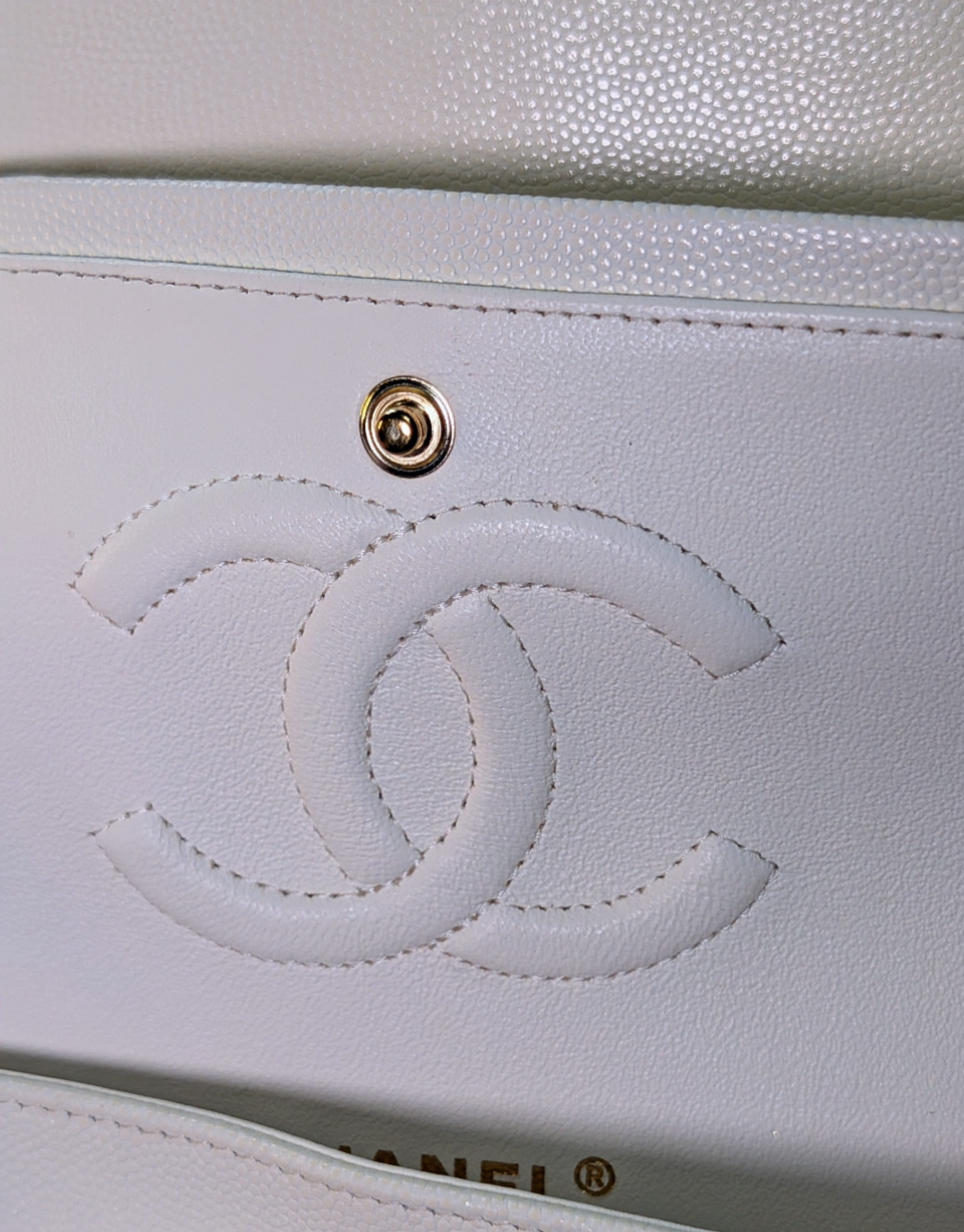 Chanel Vintage S2 Classic White Quilted Caviar Leather Double Flap Bag with 24k Gold-Plated Hardware