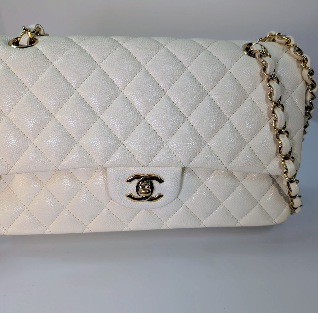 Chanel Vintage S2 Classic White Quilted Caviar Leather Double Flap Bag with 24k Gold-Plated Hardware